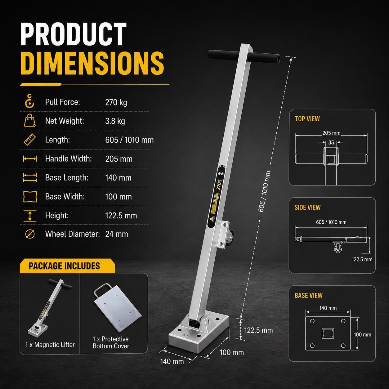 Sollevatore Magnetico Portatile For Chiusini Con Leva E Ruota | Trazione da 270 kg, impugnatura telescopica da 605-1.010 mm, impugnatura a T, alluminio da 3,8 kg, stoccaggio compatto