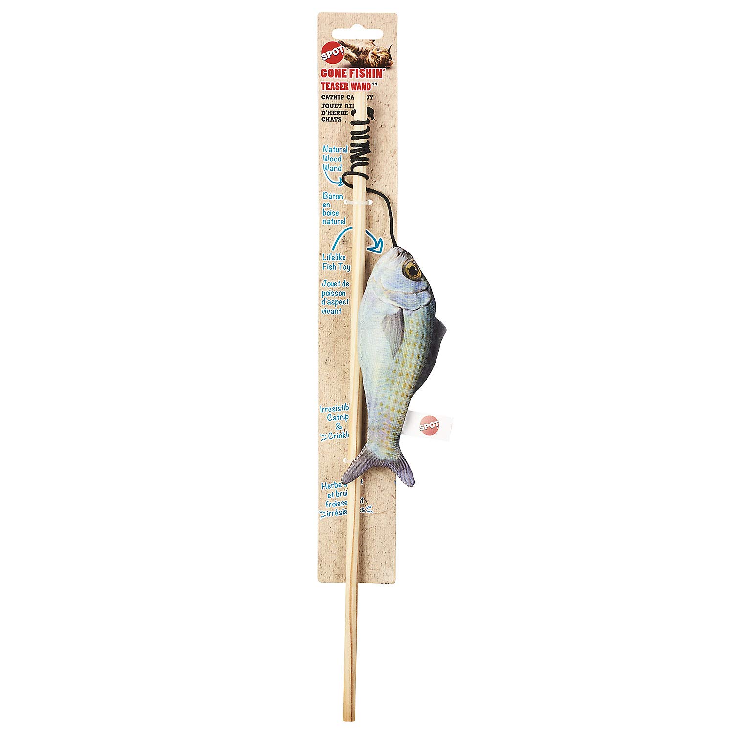 SPOT Fanatic Fish Teaser Wand for Cats – Realistic Fish Cat Toy with Catnip and Crinkle, Interactive Wand Toy for Batting, Swatting, and Chasing Play, Assorted Styles
