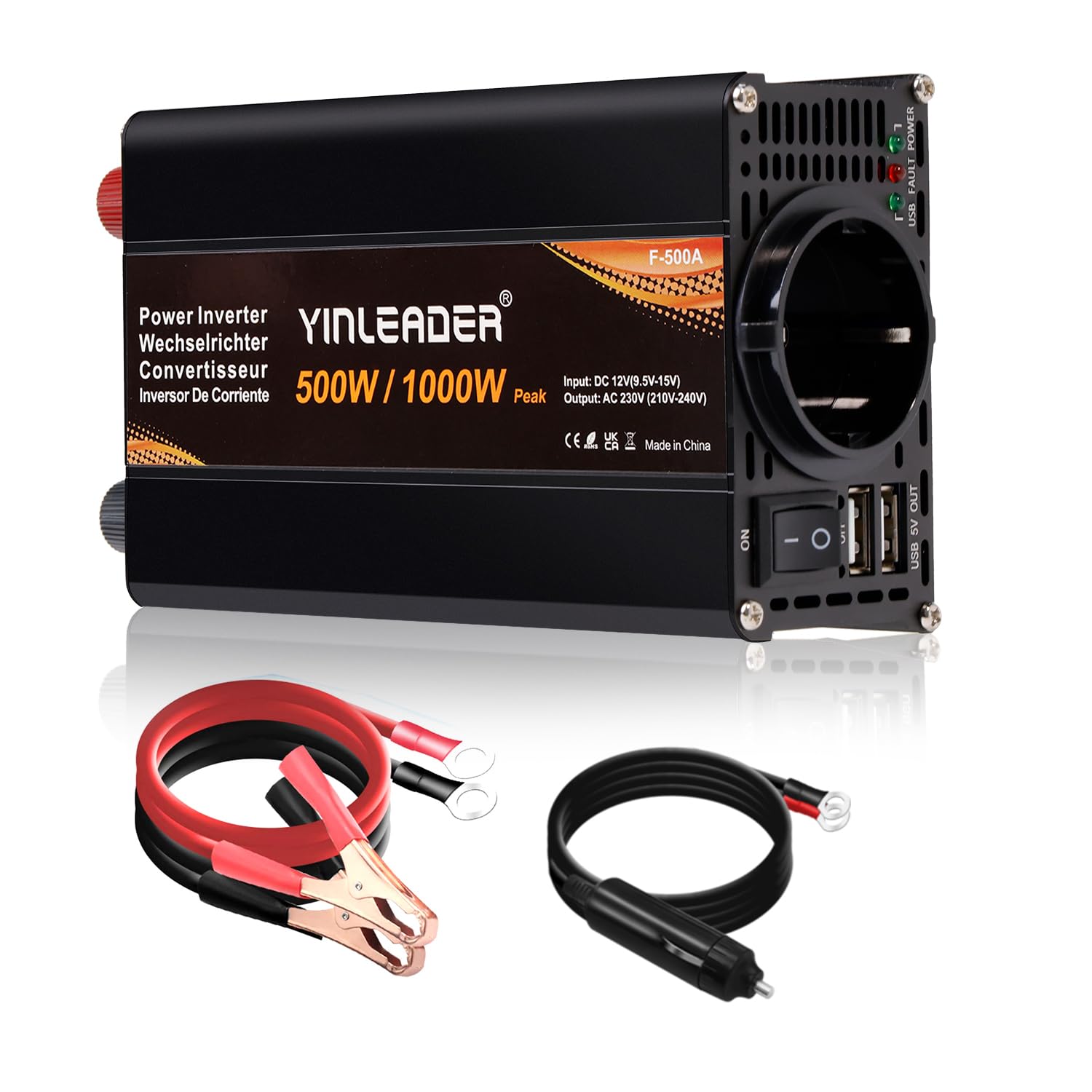 Yinleader 500W /1000W Convertisseur 12V 220V 230V, Onduleur Voiture Transformateur de Tension avec 1 Prise Secteur et 2 USB, Adaptateur pour Auto, Camping-Car, Voyage