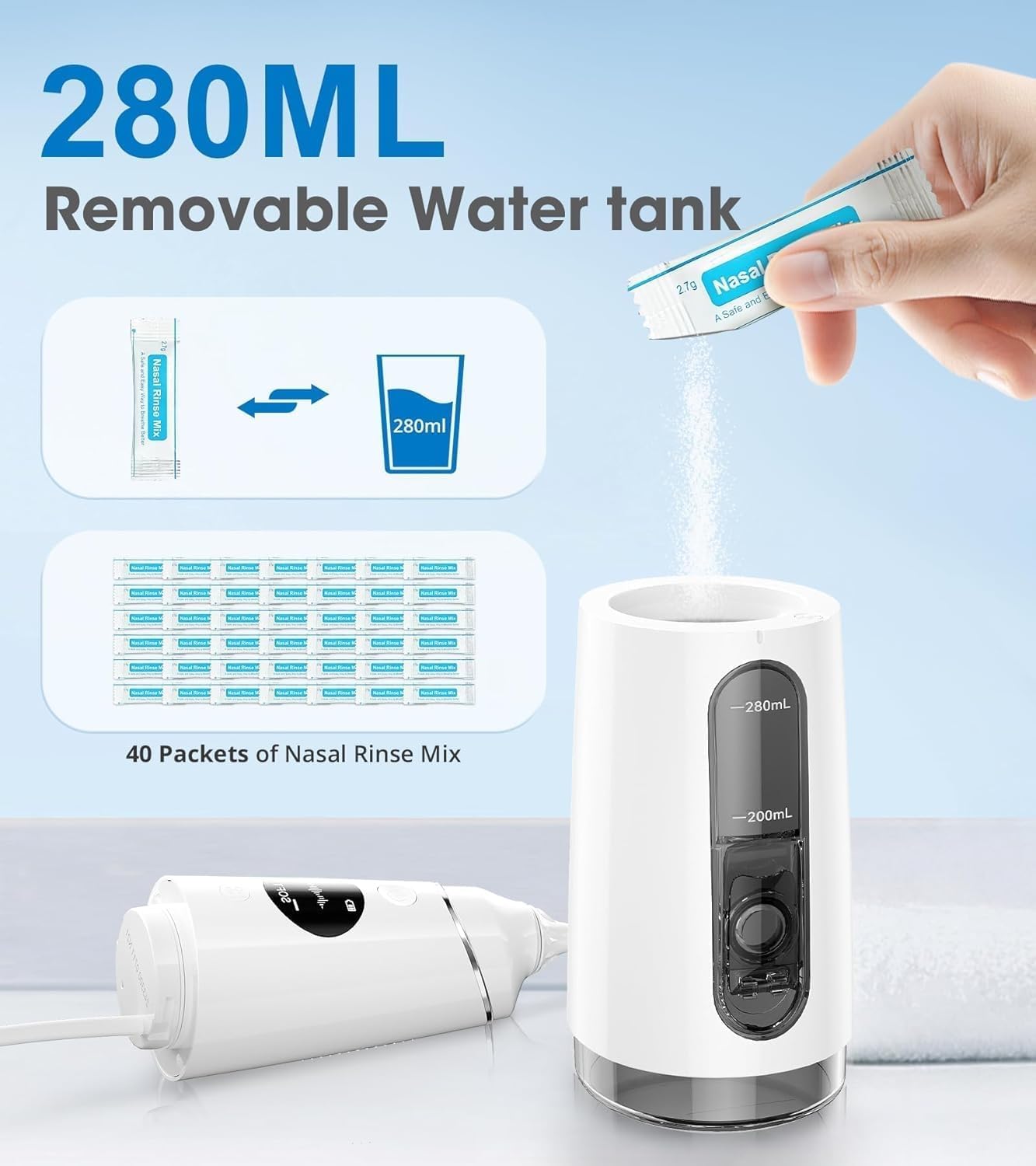 Hydropulseur dentaire pour le nettoyage des dents avec 4 modes de pression, irrigateur buccal sans fil de 300 ml, étanchéité IPX7 et 6 embouts de jet