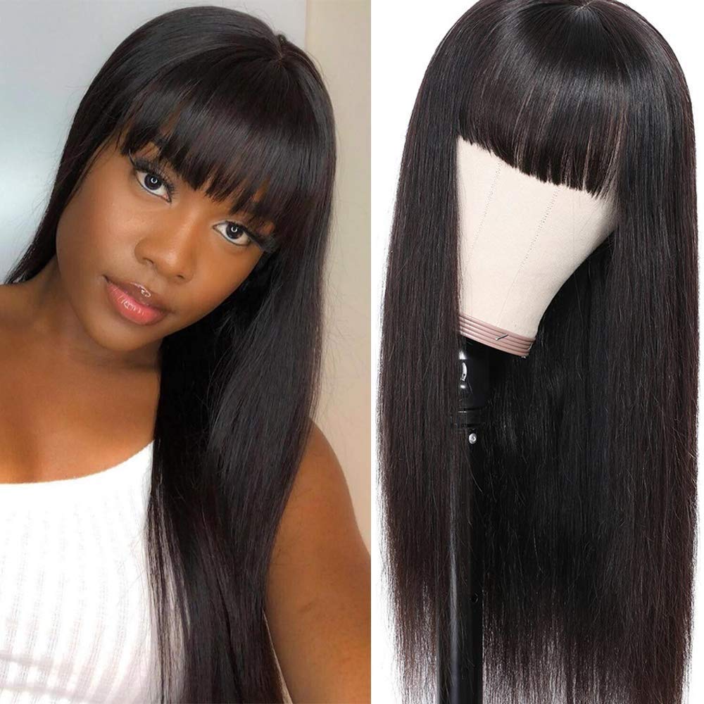 GZAmber Human Hair Wigs With Bangs None Lace Wigs for Black Women Brazilian Virgin Hair Wigs 130% Density Natural Straight Wigs Natural Color (14")