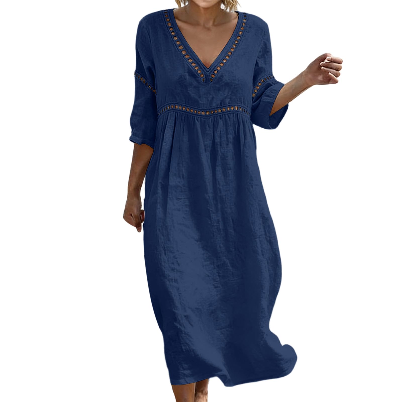 Robe Ete Femme Longue Robe Coton en Lin Robes Legere Fluide Robe de Plage Chic et Elegant Robes à Manche 7/8 Décontractée Dress Boheme Col en V Classique Vêtements Grande Taille Vêtements XS-5XL