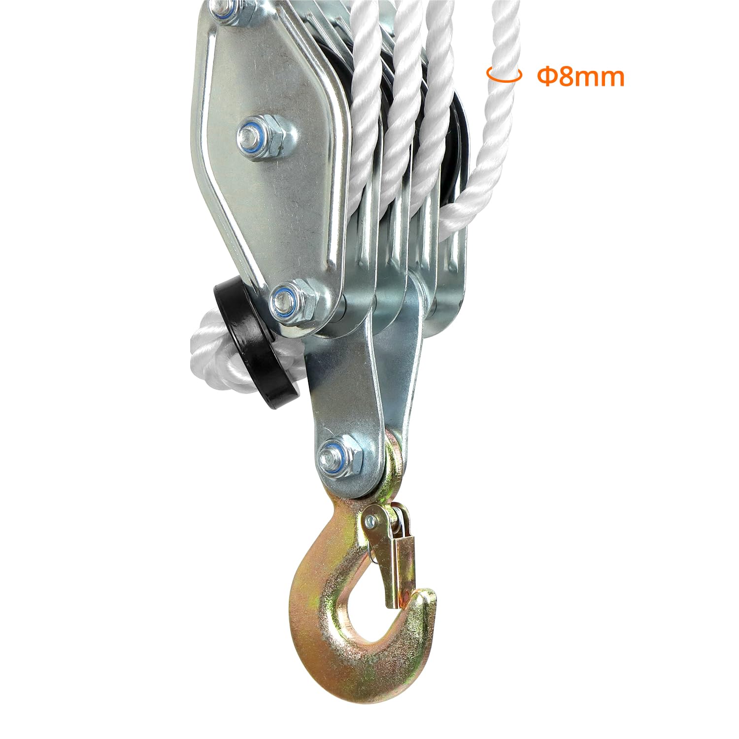QWORK® Poulie de palan à corde de 2000 kg - Acier galvanisé - 8 Poulies - Levage 2,4m - Corde de nylon résistant de 20 m