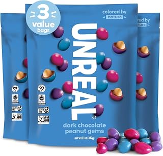 UNREAL Dark Chocolate Peanut Gems (3 Value Size Bags) | Vegan with Colors from Nature | Fair Trade, Non-GMO, & Gluten Free Ingredients | No Sugar Alcohols or Soy | 11oz each