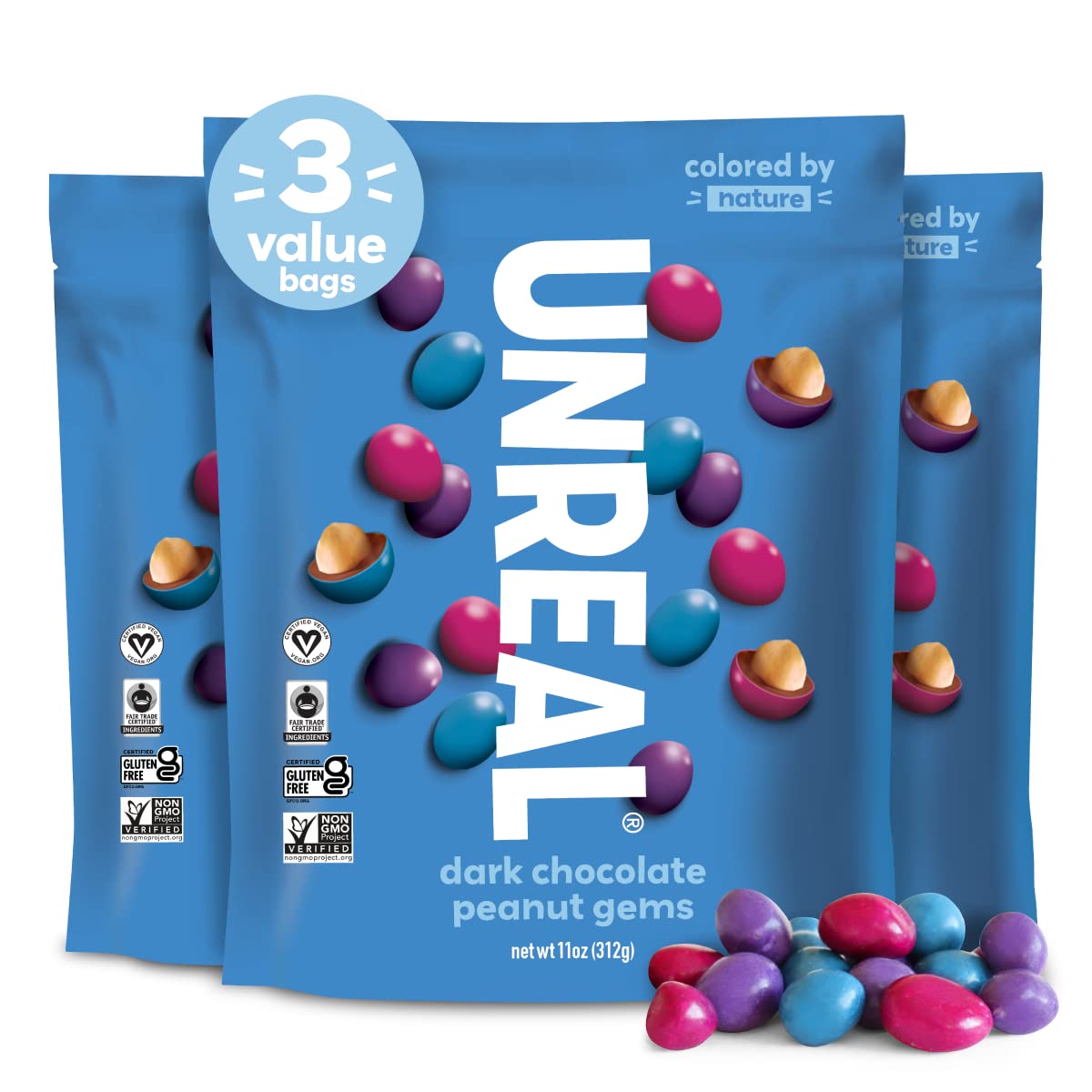 UNREAL Dark Chocolate Peanut Gems (3 Value Size Bags) | Vegan with Colors from Nature | Fair Trade, Non-GMO, & Gluten Free Ingredients | No Sugar Alcohols or Soy | 11oz each
