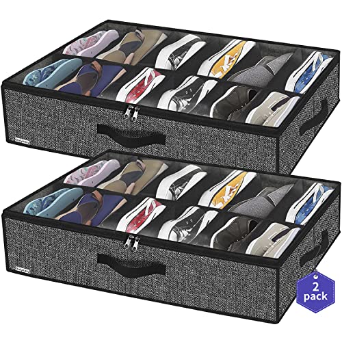 Onlyeasy Sturdy Under Bed Shoe Storage Organizer, Set of 2, Fit 12 to 24 Pairs, Underbed Shoes Closet Storage Solution with Clear Window, Breathable, L29.3″x W23.6″x H5.9″, Linen-like Black, MXAUBSB2P
