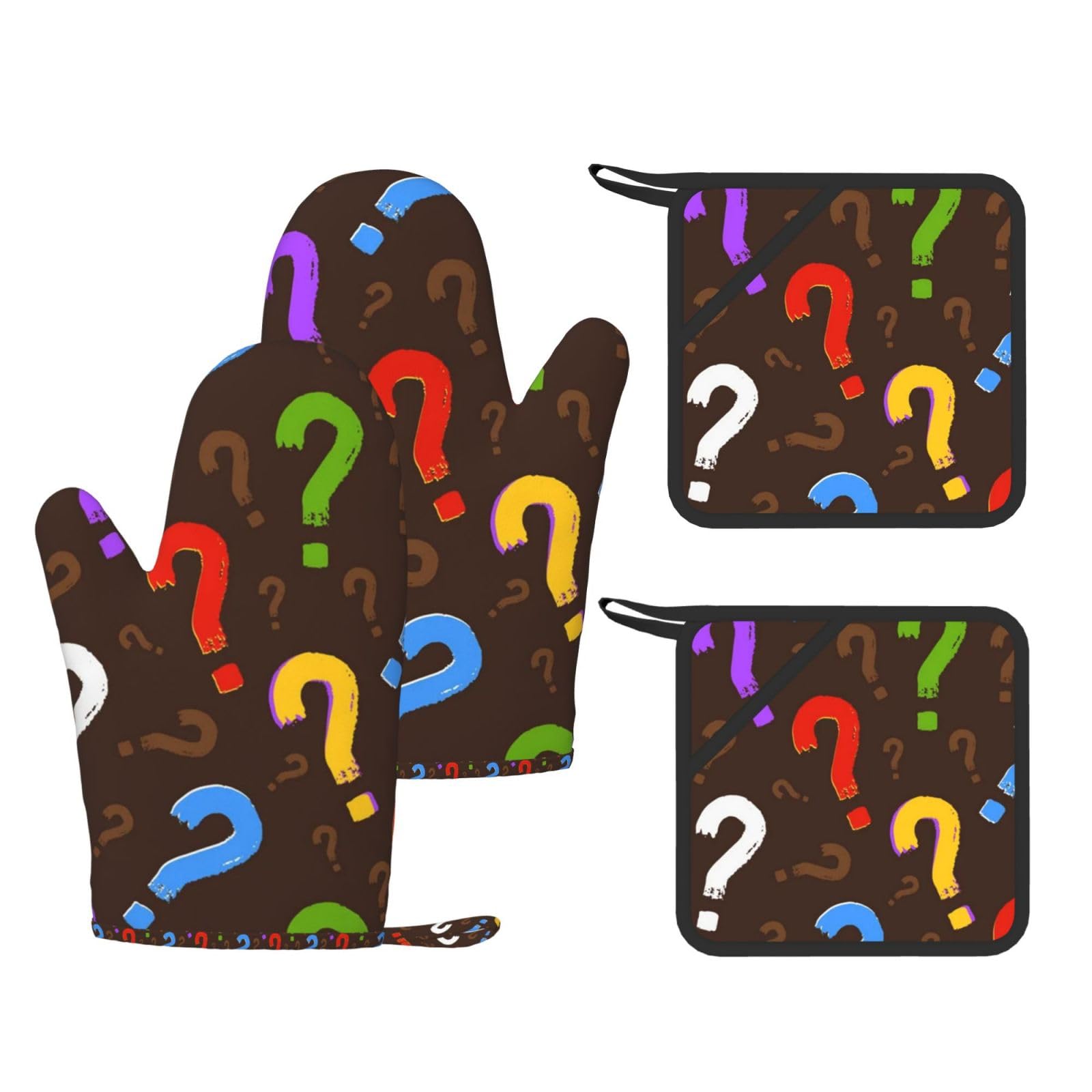 Ensemble de Quatre Gants et maniques résistants à la Chaleur, Gants de Cuisine antidérapants, maniques de Four, Motif Point d'interrogation coloré