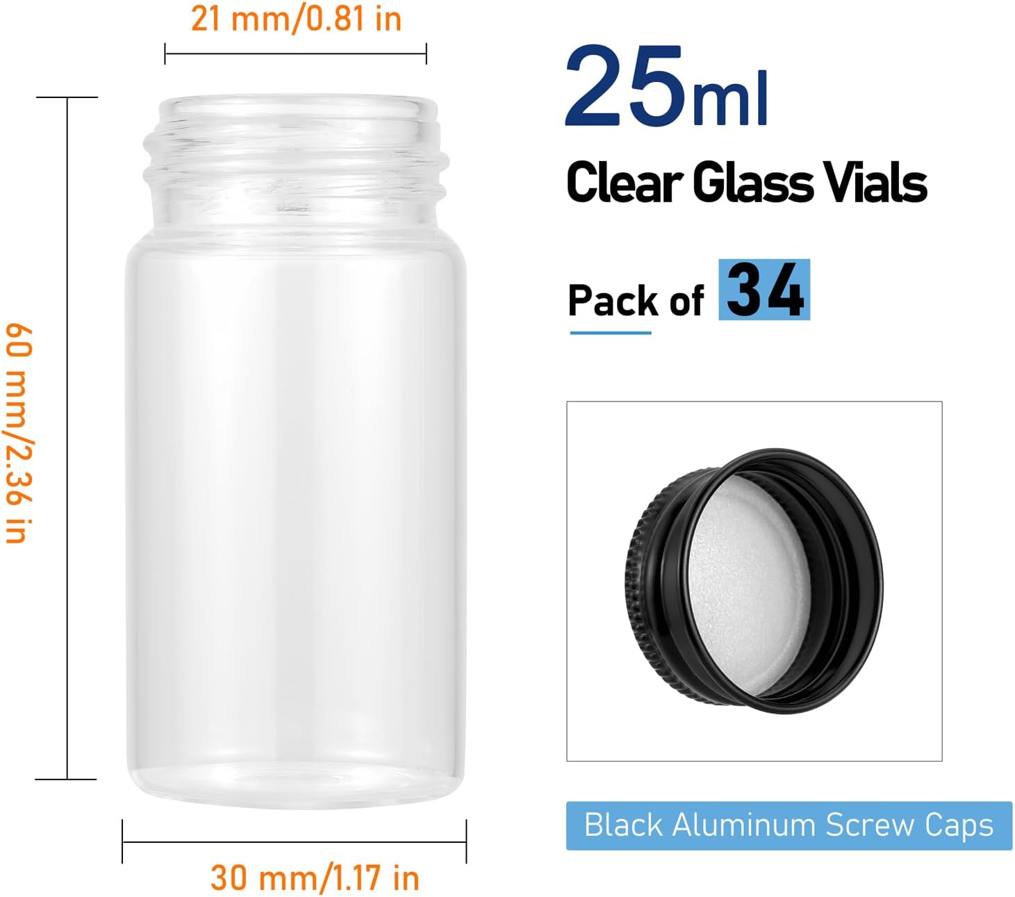 34Pcs 25ml Tiny Jars Glass Vials with Black Aluminum Screw Caps | Small Empty Lab Sample Vials Refillable Bottles for DIY Crafts Essential Oils Storage Wedding Decoration
