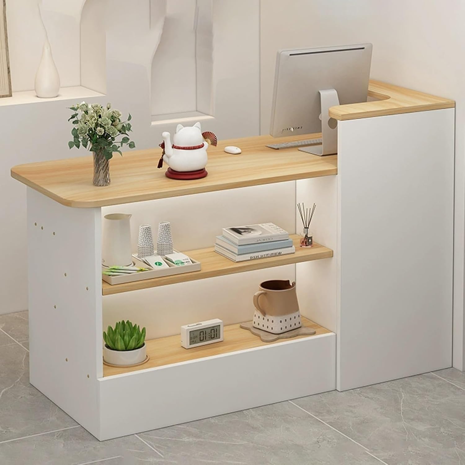 JKGHK Reception Desk, Front Counter Desk with with Double Open Storage, Counter Table with Lockable Drawer, Desk Reception for Salon Reception Room Checkout Office(White,39.3in/100cm)