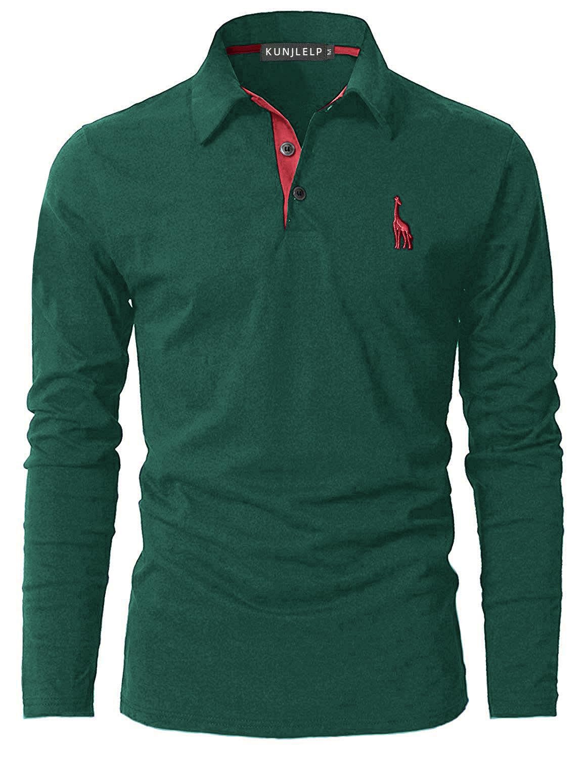KUNJLELP 100% Cotone Polo da Uomo Manica Lunga Ricamo di Giraffa Maglietta Uniformi Polo da Lavoro per l'autunno e l'inverno