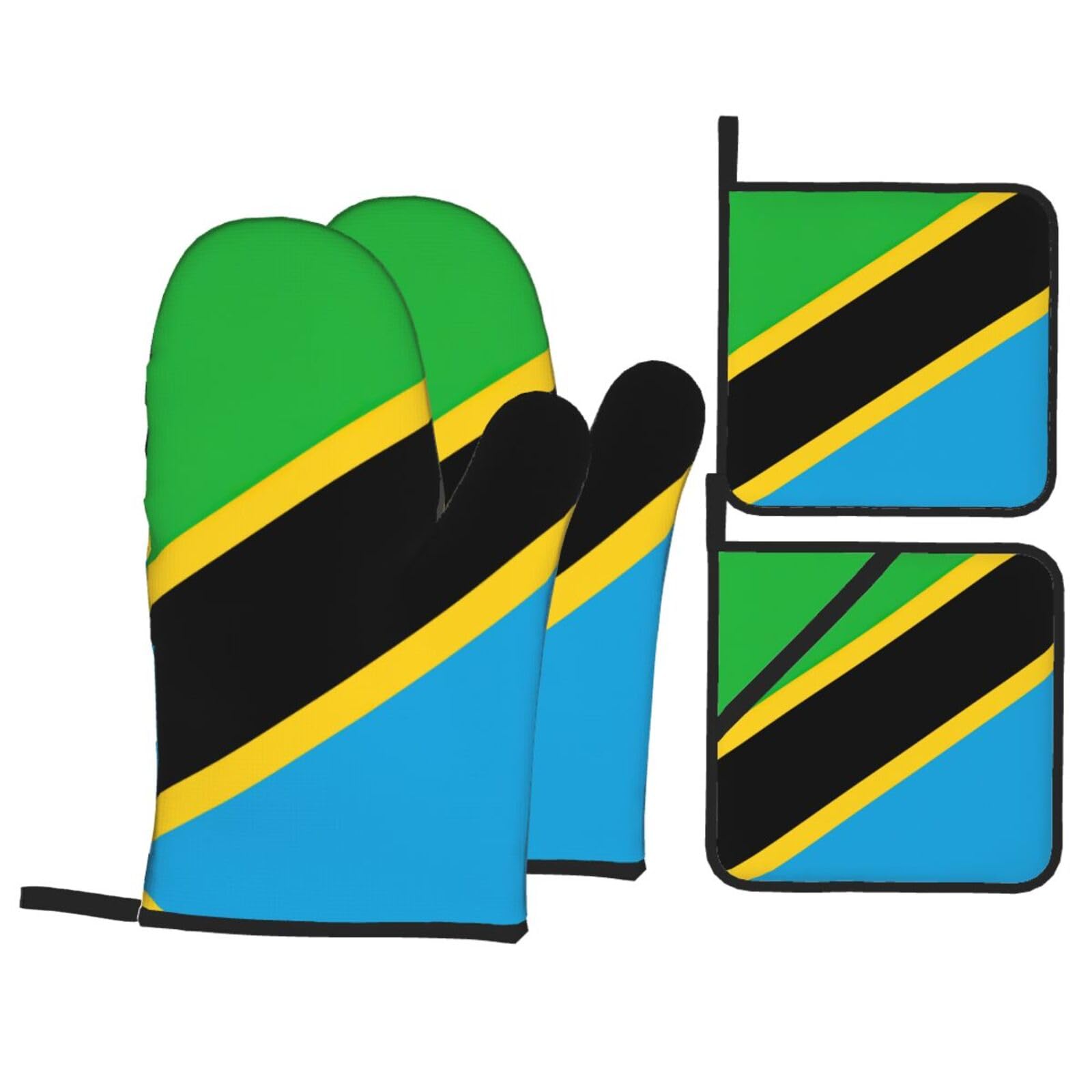 Nimongt Black Tanzania Flag Print Heat-Resistant 4-Piece Oven Kitchen Gloves For Baking Cooking Microwaving Essentials