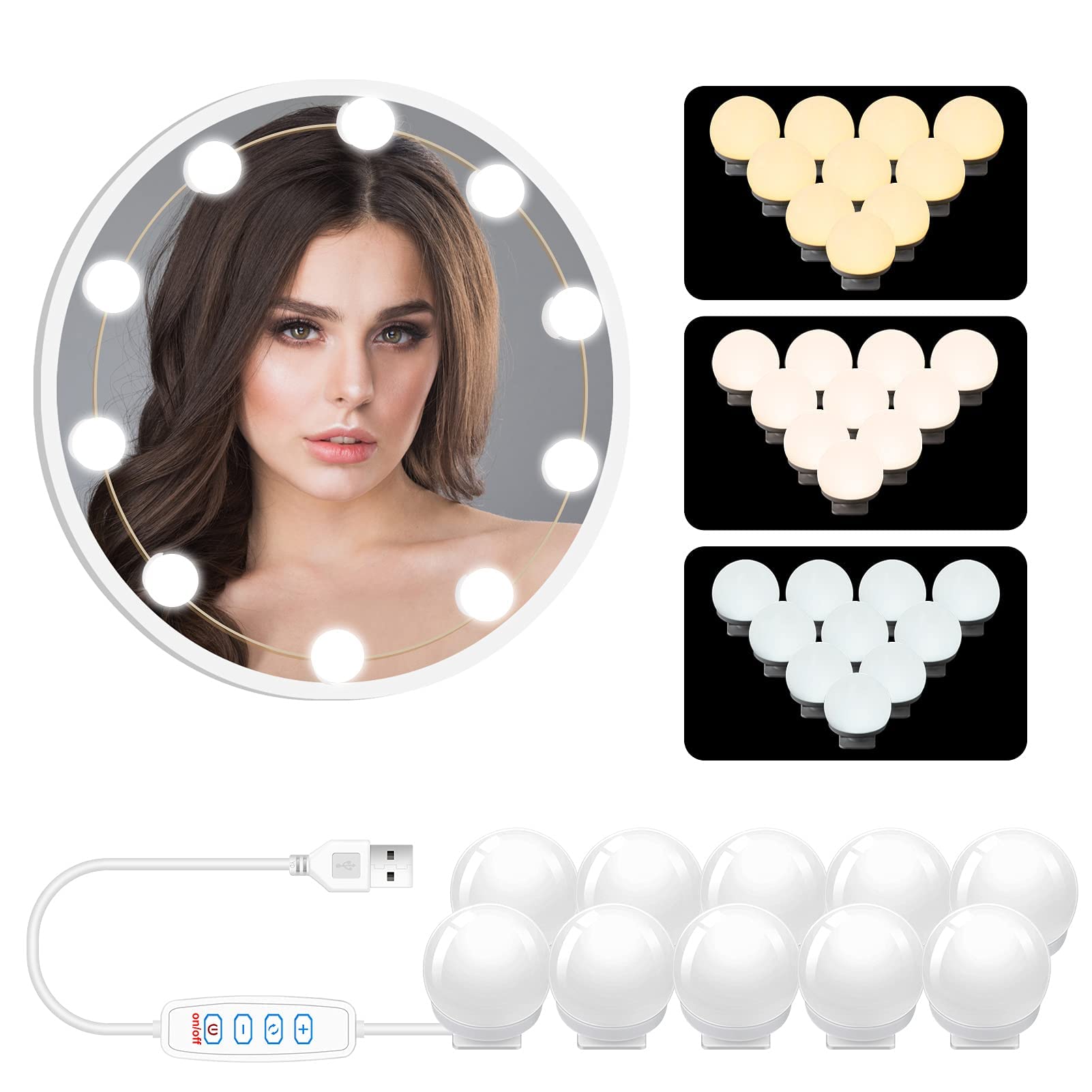 Glowserie Hollywood Led Vanity Mirror Lights Kit, 10 Dimmable 3 Color Mirror Lighting Bulbs, Plug In Mirror Lights With Usb Powered, For Makeup Vanity Table Set