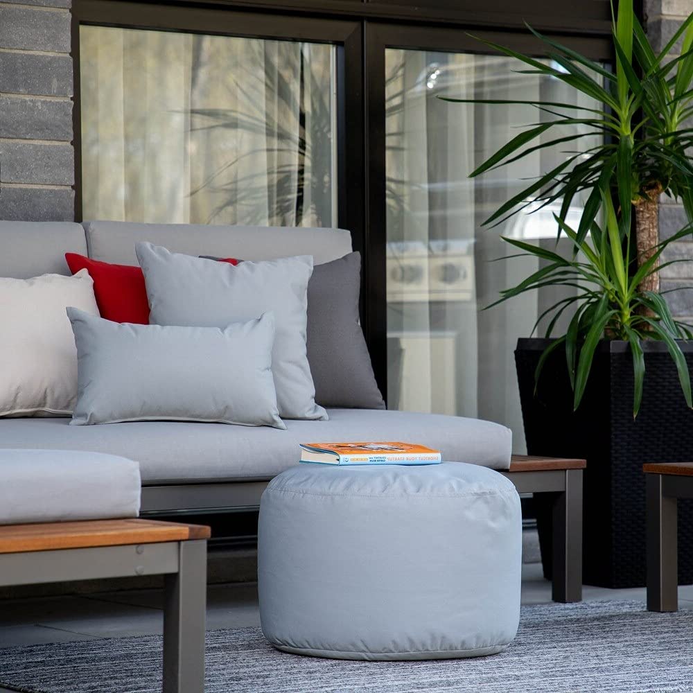 Silver Grey Outdoor Round Ottoman Cushion Casual Easy Going Floor Pouf Solid Sunny Color Plush Waterproof Fabric Lightweight Free Move Double Stitched Ease Year-Round Informal Off-Season Decor