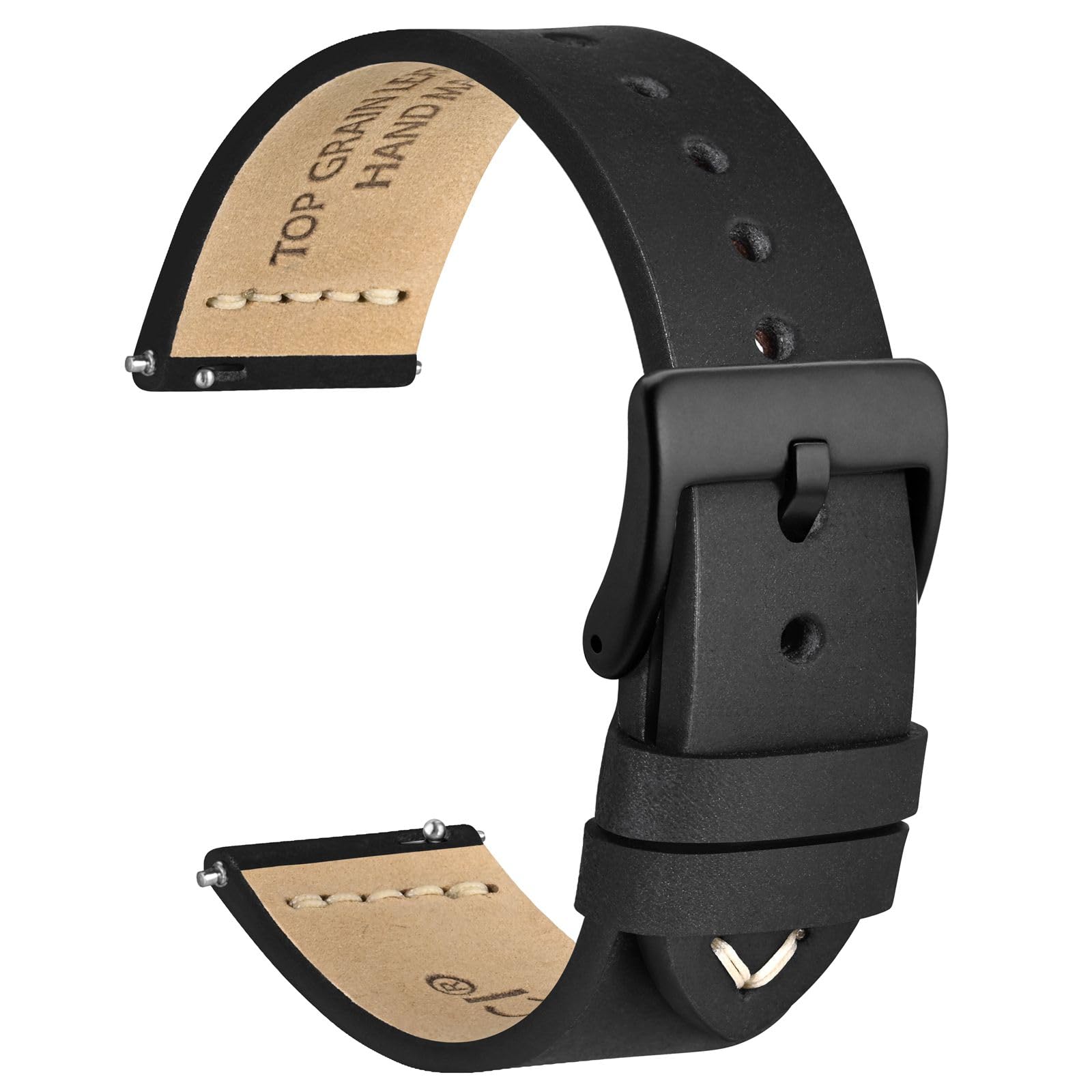 WOCCI 18mm Old-fashioned Watch Band for Men, Top Grain Leather, Black Matte Buckle (Black)
