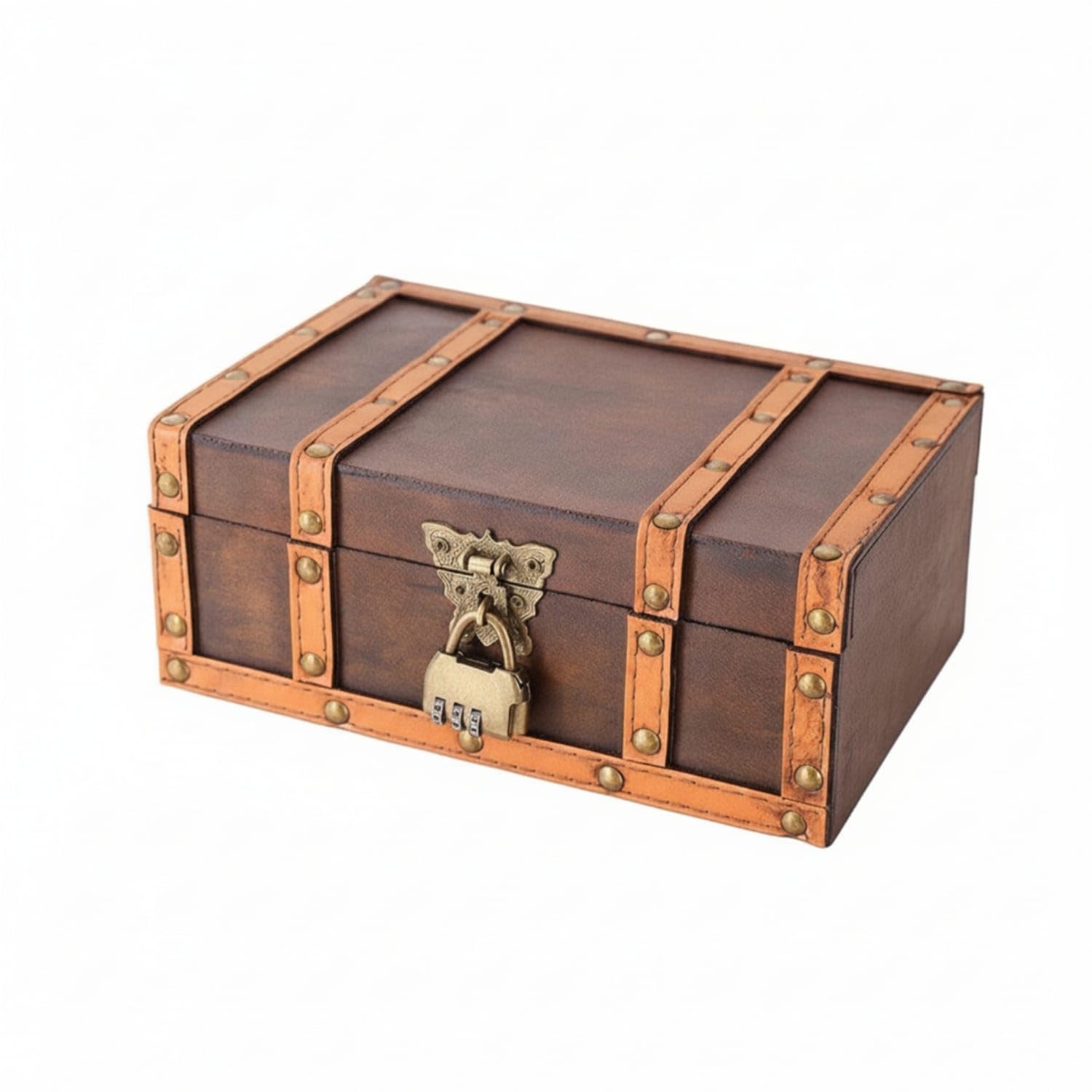 Antique-Style Vintage Wooden Chest Rustic Decorative Box with Lid for Home Decor, Photography Props, Brown, Butterfly Lock-a-image-42