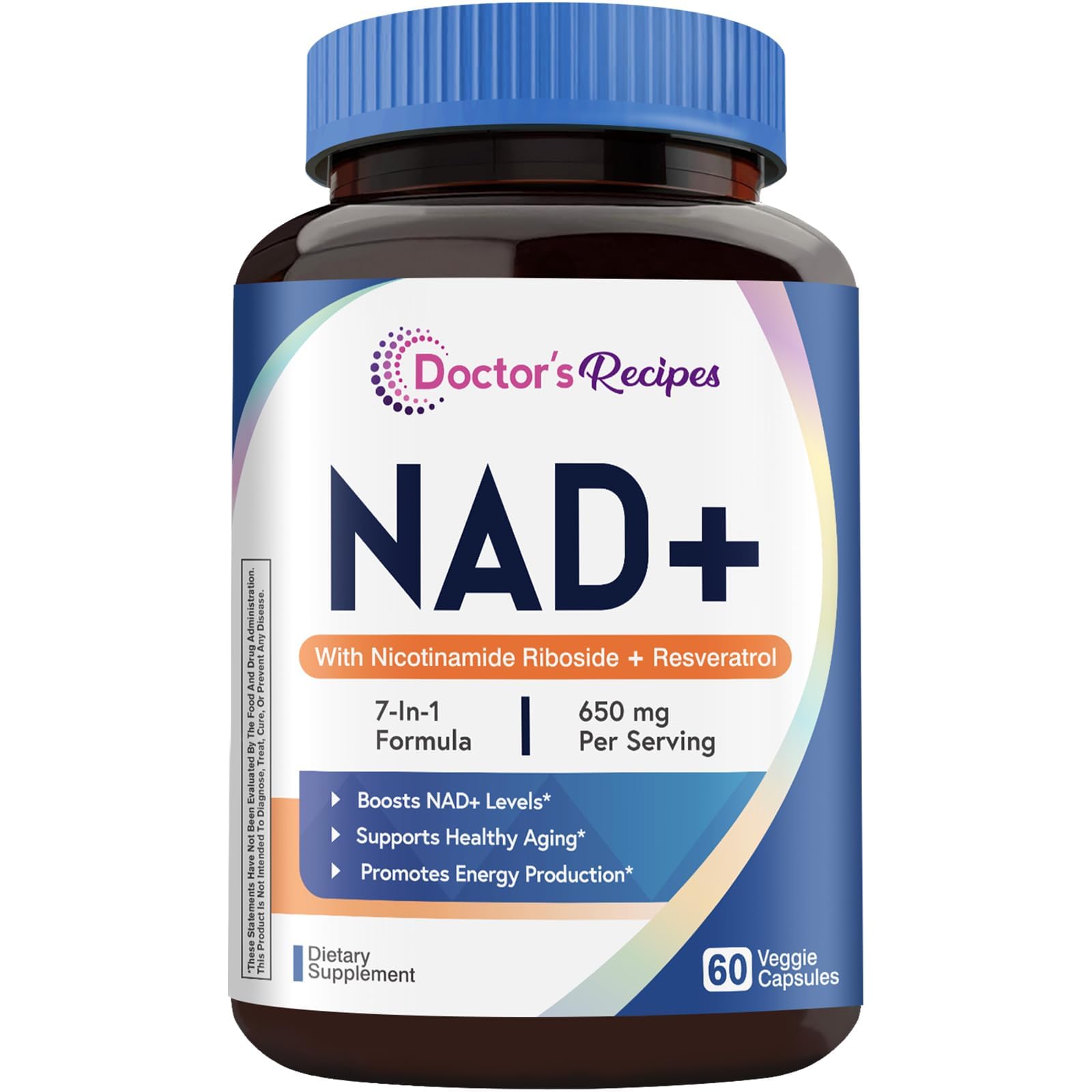 Doctor's Recipes NAD Supplement, Nicotinamide Riboside, Resveratrol, NMN Alternative for Anti-Aging, w/Magnesium Glycinate & L-Tryptophan, 650mg Per Serving, Energy & Mood Boost, 60 Vegan Capsules 60 Count (Pack of 1)