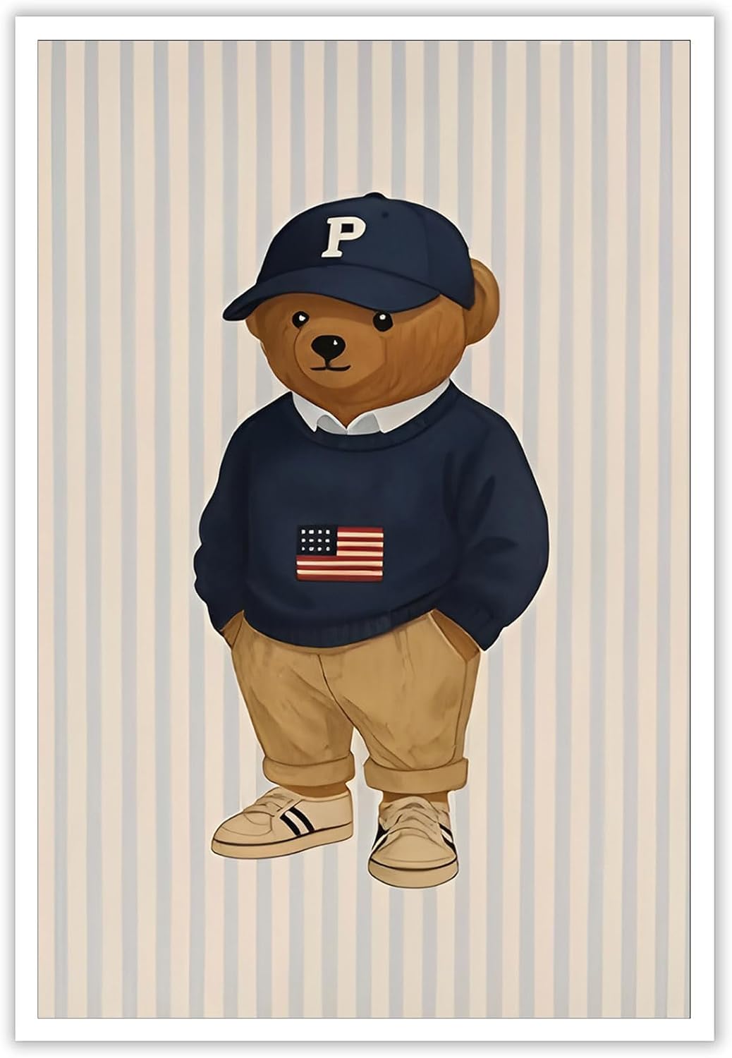 Teddy Bear Wearing A Baseball Cap Poster Trendy Funny Bear Canvas Wall Art Preppy Abstract Sporty Animal Aesthetic Prints Painting For Living Room Bedroom Nursery Wall Decor 12x16in Unframed