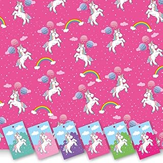 Pink Unicorn Wrapping Paper. 5 XL Sheets (50 x 70cm). Gift Wrap with matching Tags. Cutting grid on reverse.