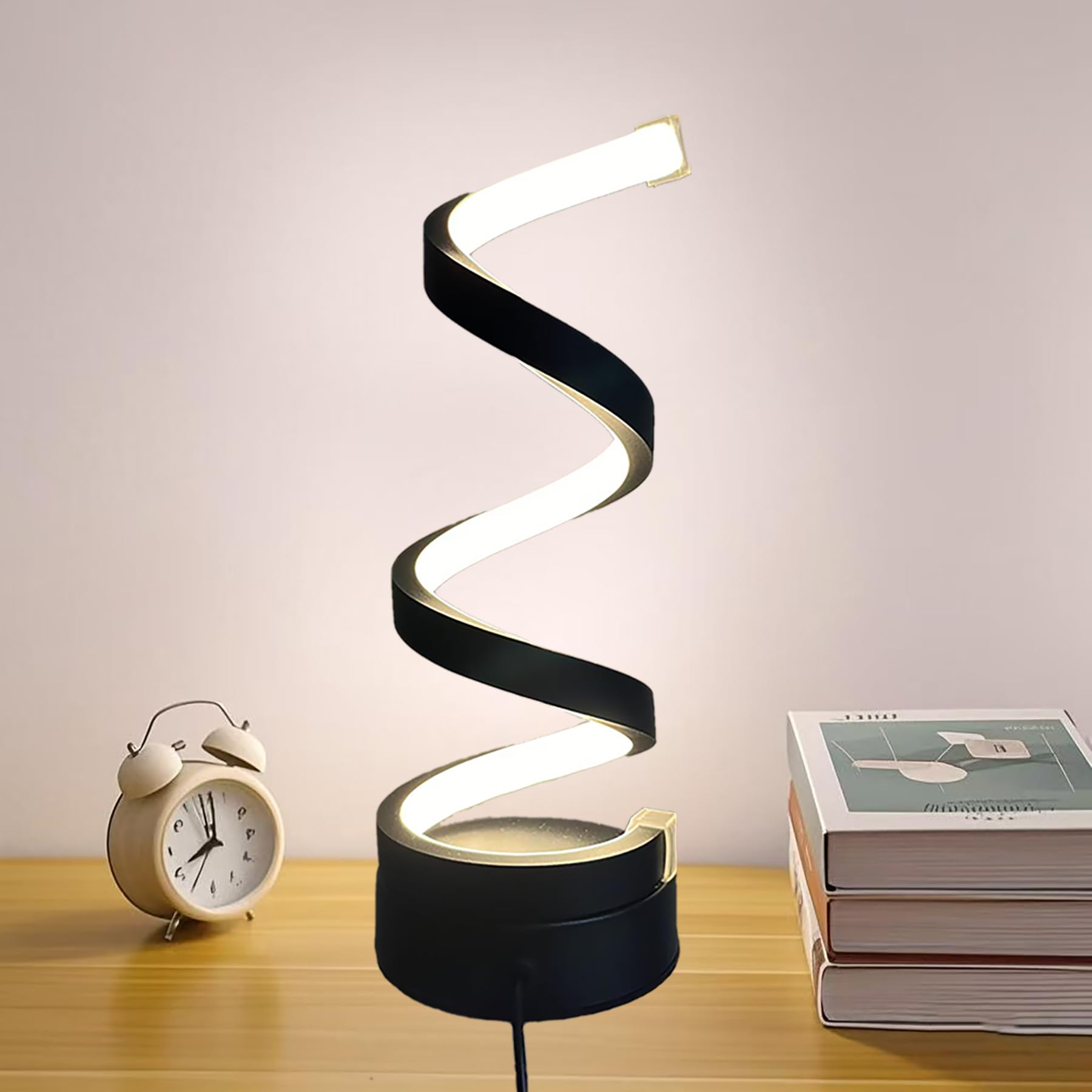 1PCS Decorative table lamp, mini bedside lamp, 3-color temperature adjustable LED light, modern spiral design, suitable for bedroom, living room and office lighting and decoration, curved art (black) — image 1