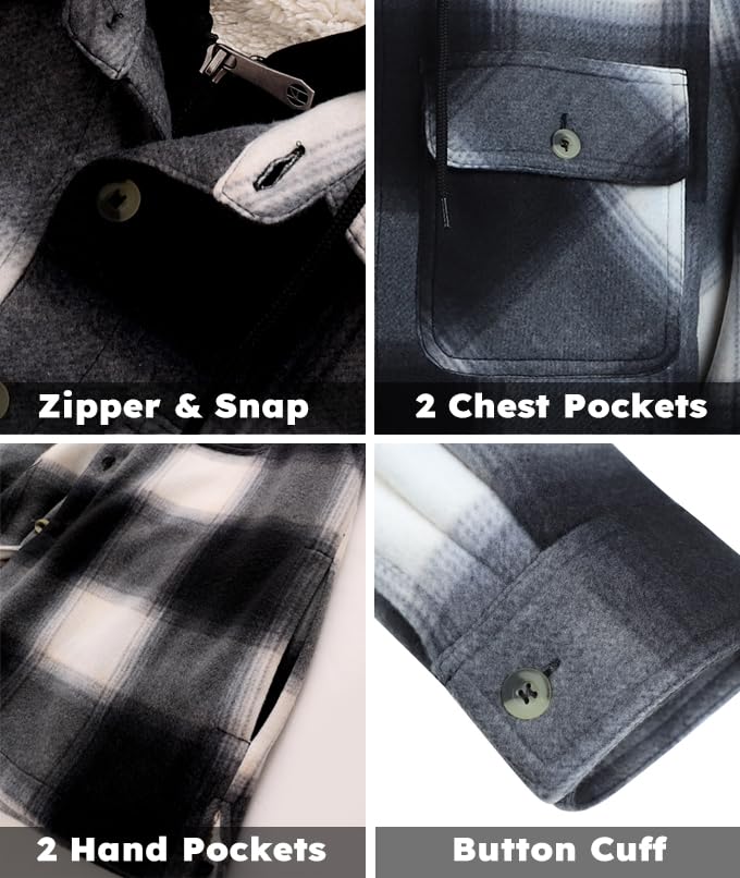 Image of TanBridge Men's Cotton Plaid Shirts Jacket Full Zip Fleece Flannel Sherpa Lined Hoodies Heavyweight Hoodies Jacket for Men