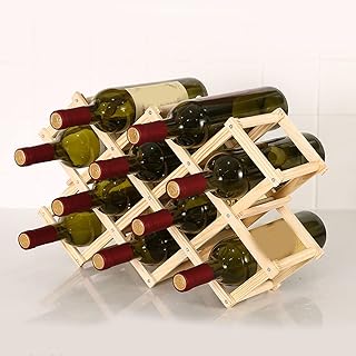 Famolay Wooden Wine Rack, 10 Bottle Free Standing Wine Storage Racks Countertop, Stackable Stand Foldable Tabletop Bottle Holder Cabinets Shelf for Cellar Pantry Home Kitchen Bar