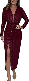 Twist Knot V Neck Sequin Maxi Dress Women Sexy Evening Shimmer Party Gow...