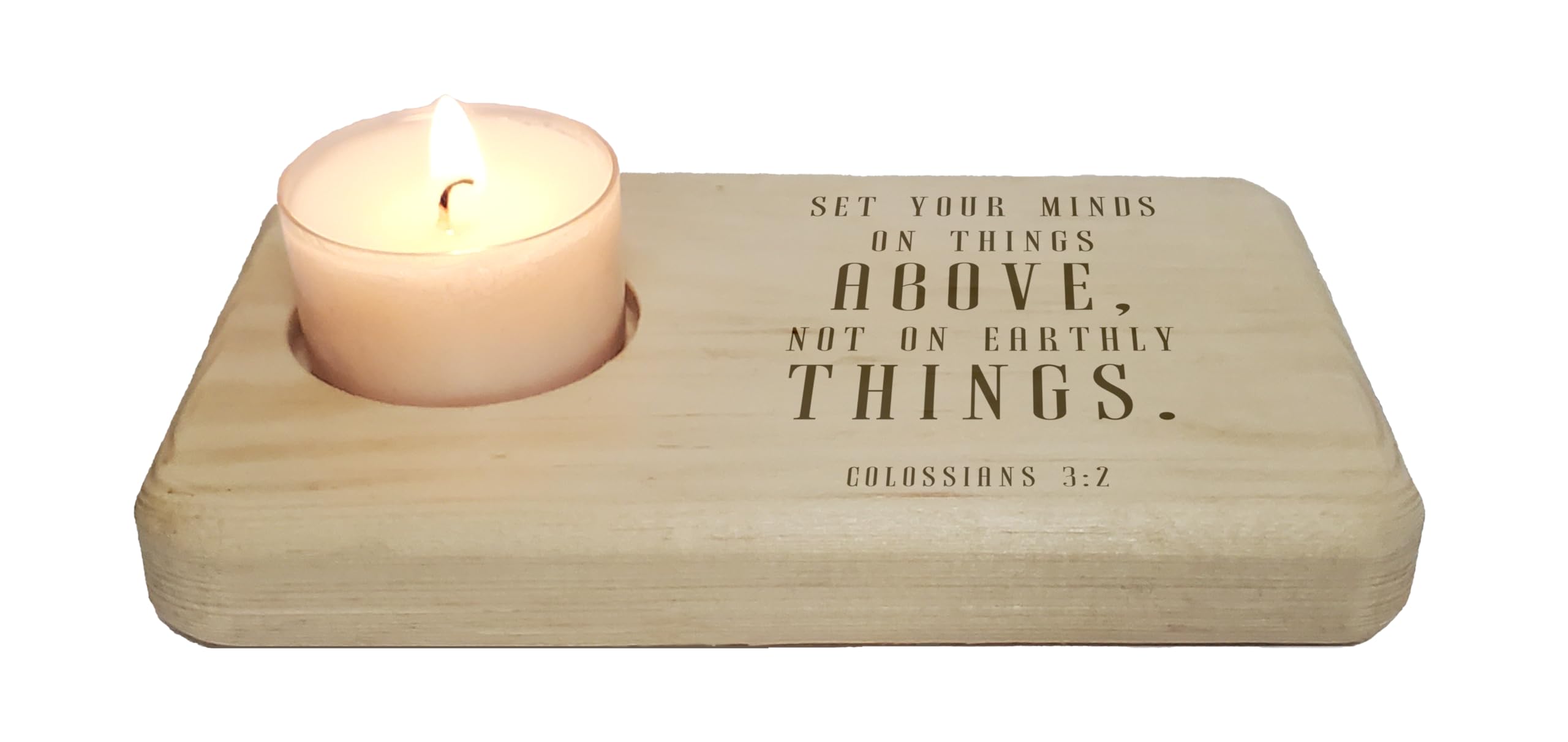 Christ Gift Spiritual Bible Verse Wood Tea Light Candle Holder with Colossians Bible Verse (Colossians 3:2) Christian Gift Home Decor