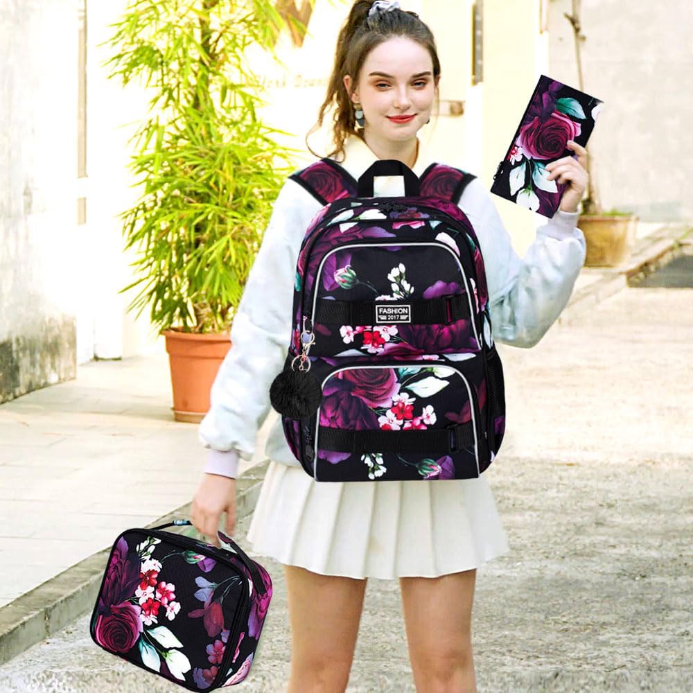 3Pcs Backpack for Girls Boys, 17 Inch School Bookbag with Lunch Box, Durable Laptop Backpacks Set for Teens College