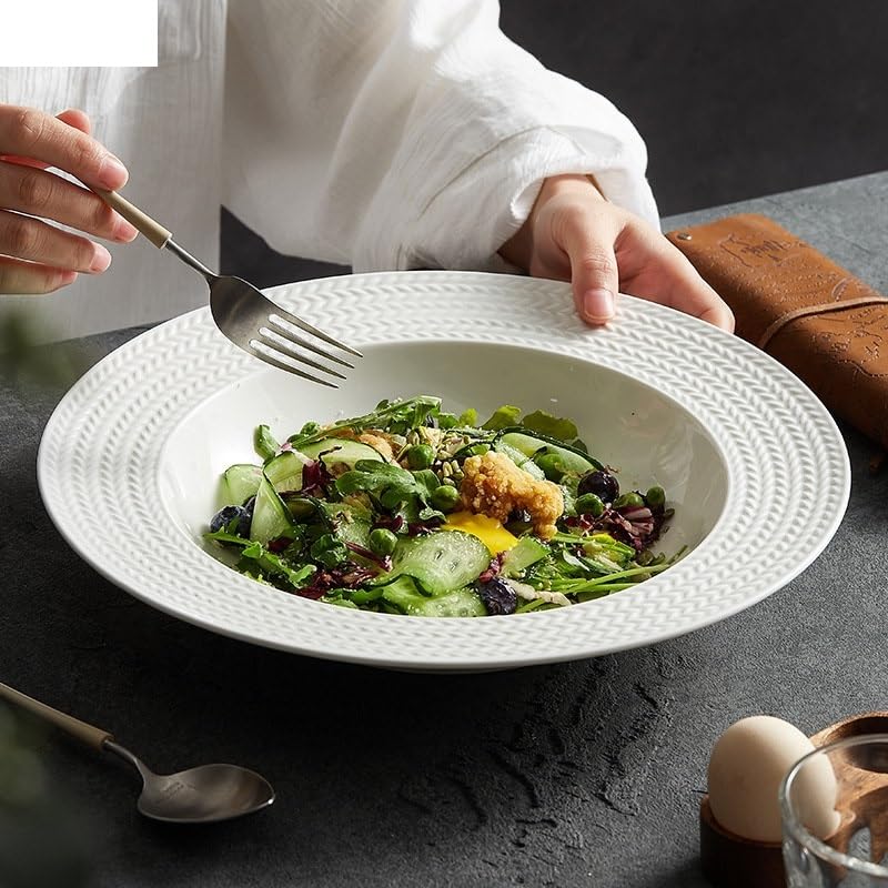 Plato llano simple de cerámica para ensalada, cocina, restaurante, plato principal para el hogar, cuenco de sopa blanco puro, vajilla creativa, plato de cena (C, 12 pulgadas)