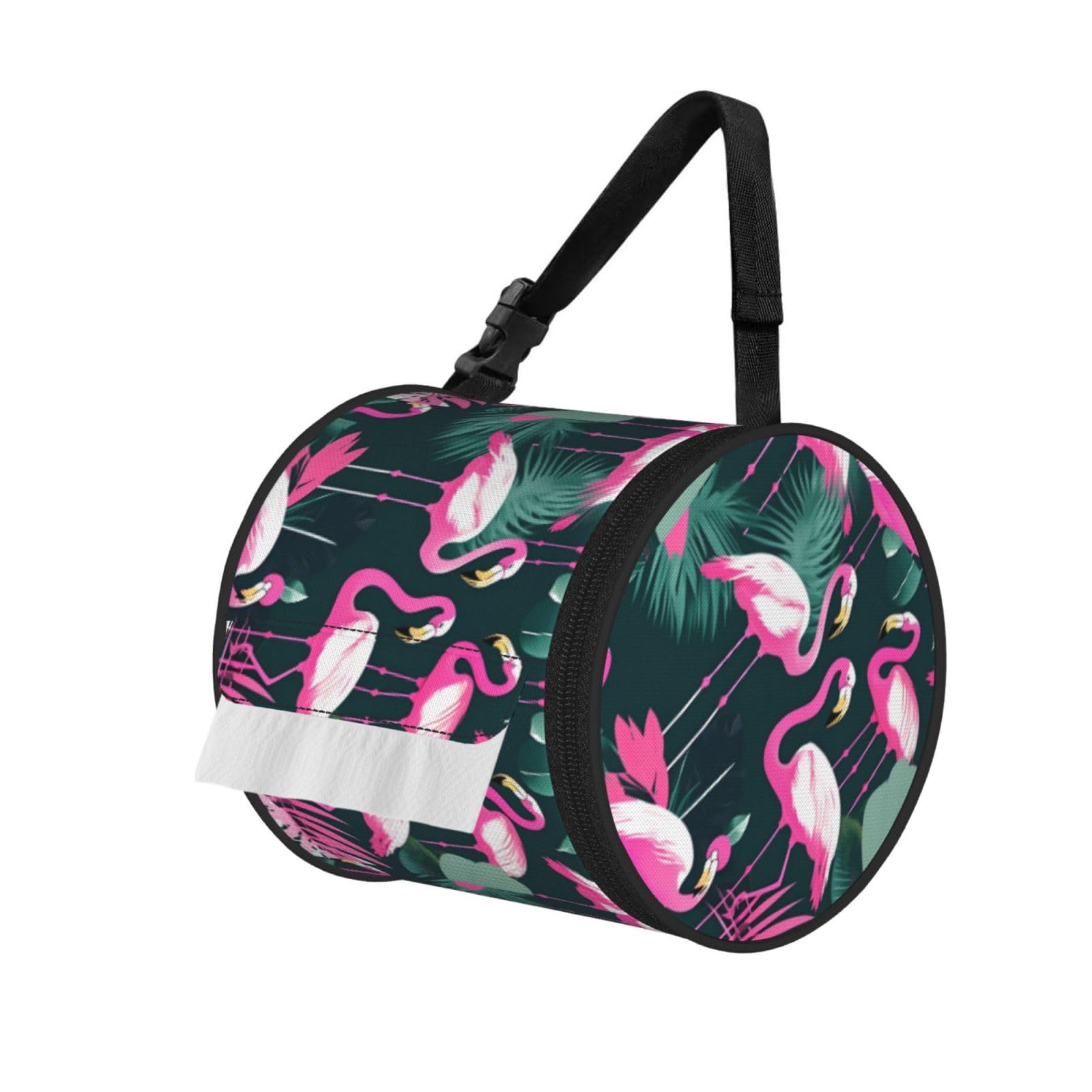 Jiuty Black Pink Flamingo And Leaves Print Cylinder Tissue Organizer Bag With Strap, Portable Toilet Roll Holder For Camping Car