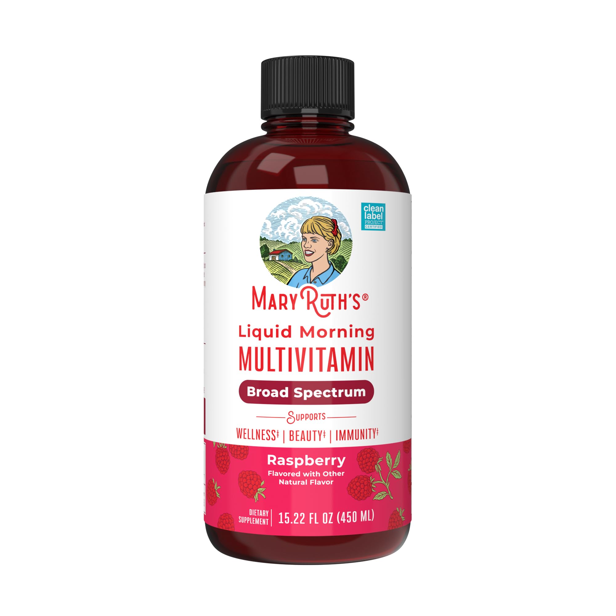 MaryRuth Organics, Liquid Morning Multivitamin Essentials+, Essential Vitamins & Minerals, Sugar Free, Raspberry Flavour, 450ml, Vegan, Gluten Free