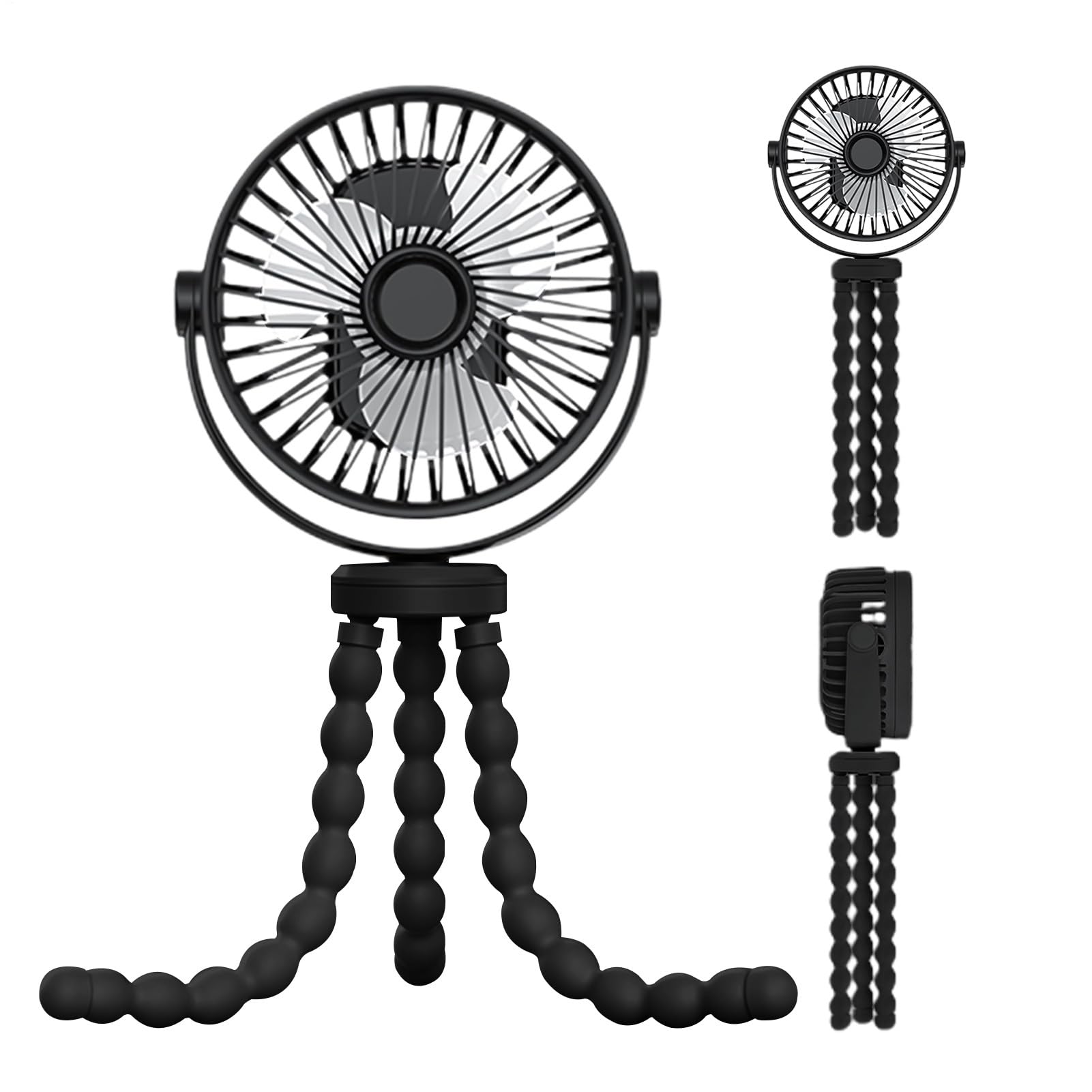 Tragbarer Kinderwagen-Ventilator – Tragbarer Kinderwagen-Ventilator mit 3 Geschwindigkeiten und Nachtlicht, 360° drehbarer Mini-Handheld- , USB-wiederaufladbarer Mini-Ventilator für Kinderwagen