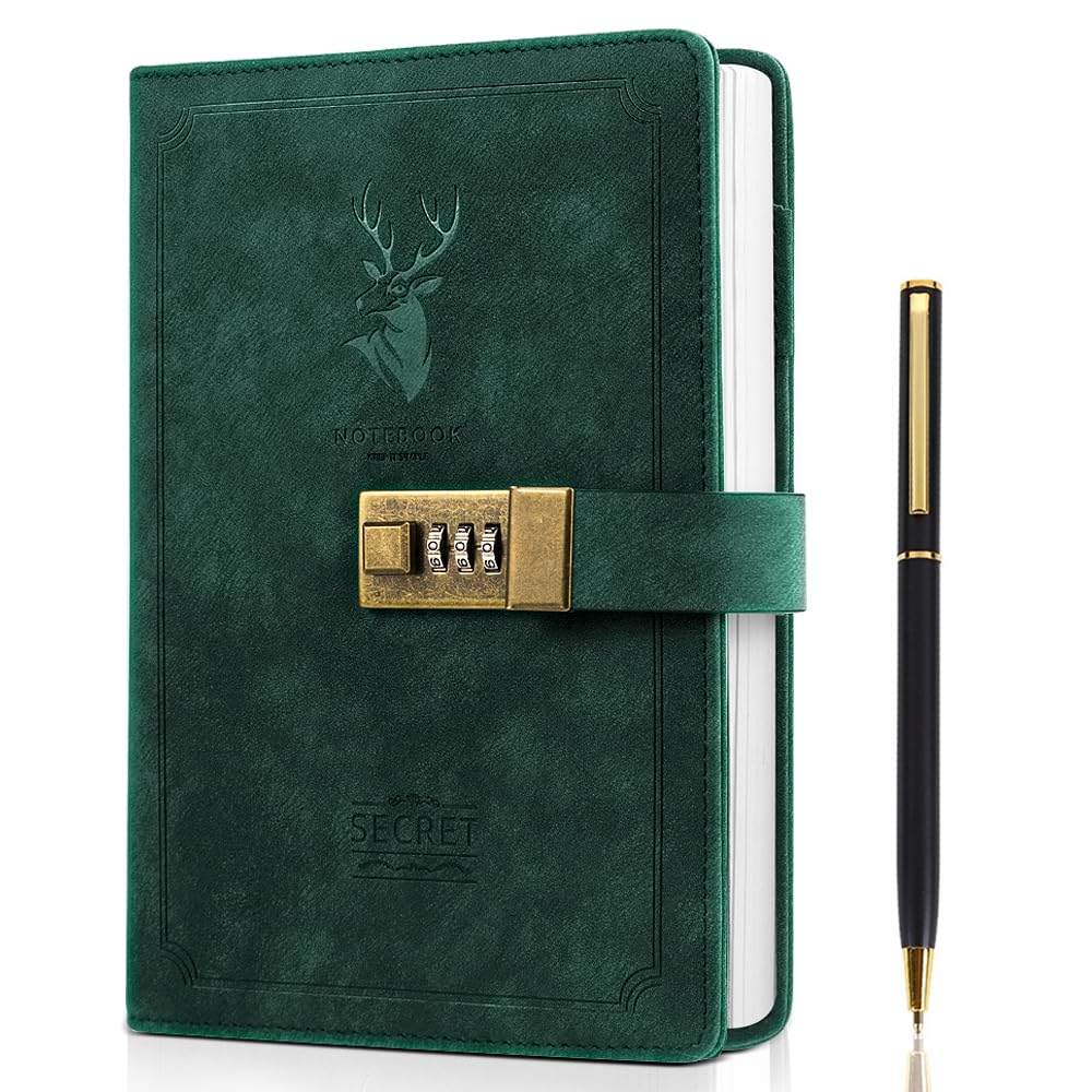 ZukoCert Tagebuch mit Schloss, A5, PU-Leder, Tagebuch mit Schloss, 240 Seiten, Retro-Tagebuch mit Schloss und Schlüssel zum Schutz Ihrer Privatsphäre, Unisex, Hirschkopf-Stil, Grün