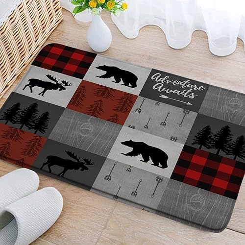 Miniatura 1 de Xegobzz Country Pastoral Bear Bath Mat Lake Farmhouse Hut Trees Mountain Elk Camp Fish Maple Leaf Feather Boat Forest Retro Memory Foam Bathroom