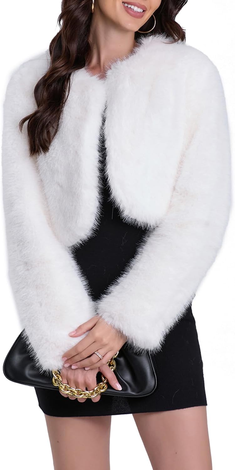 Women's Faux Fur Cropped Coat Long Sleeve Open Front Winter Jacket - Image 2