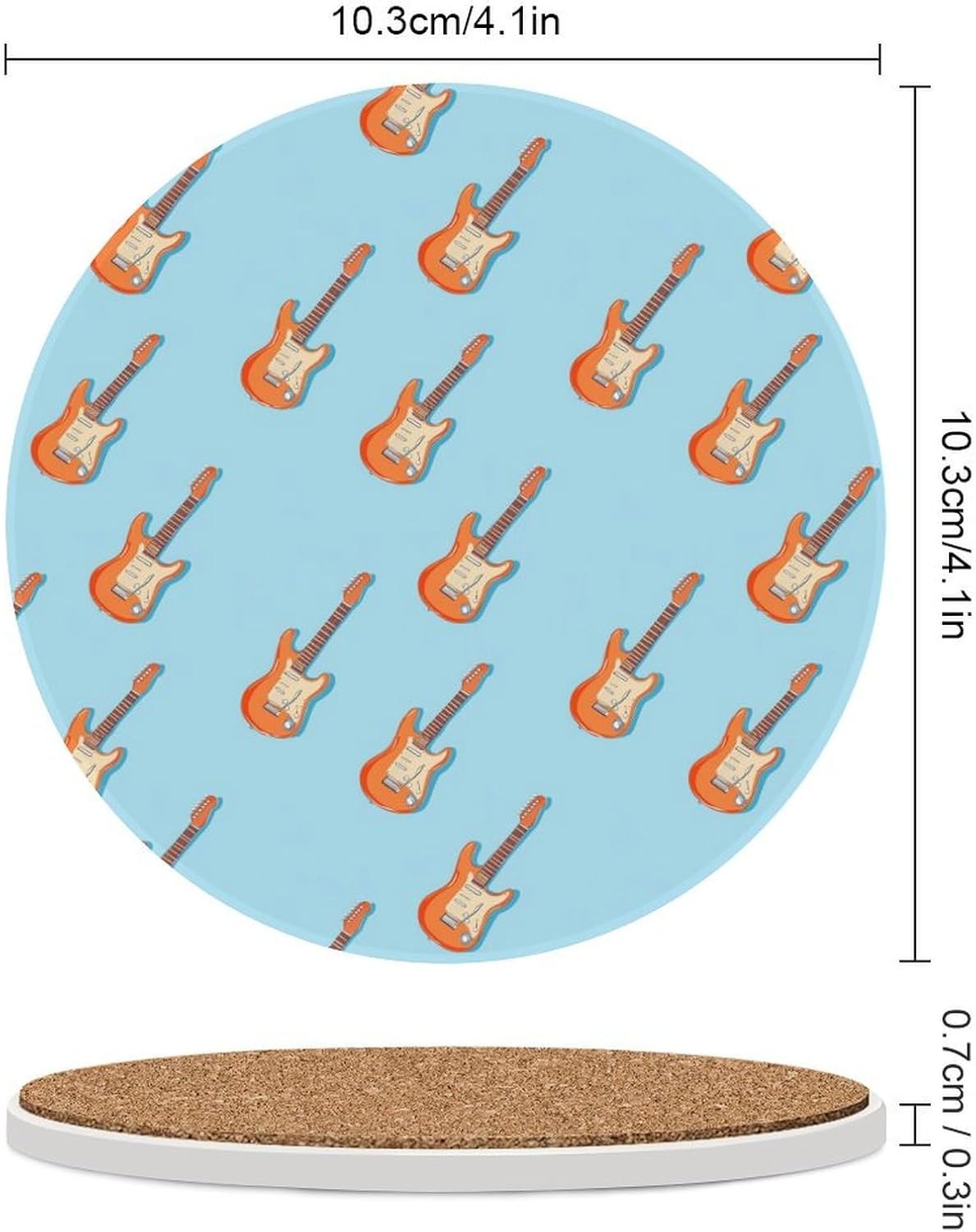 Electric Guitar Round Ceramic Coasters for Drinks Absorbent Cup Holder Tabletop Protector with Cork Base