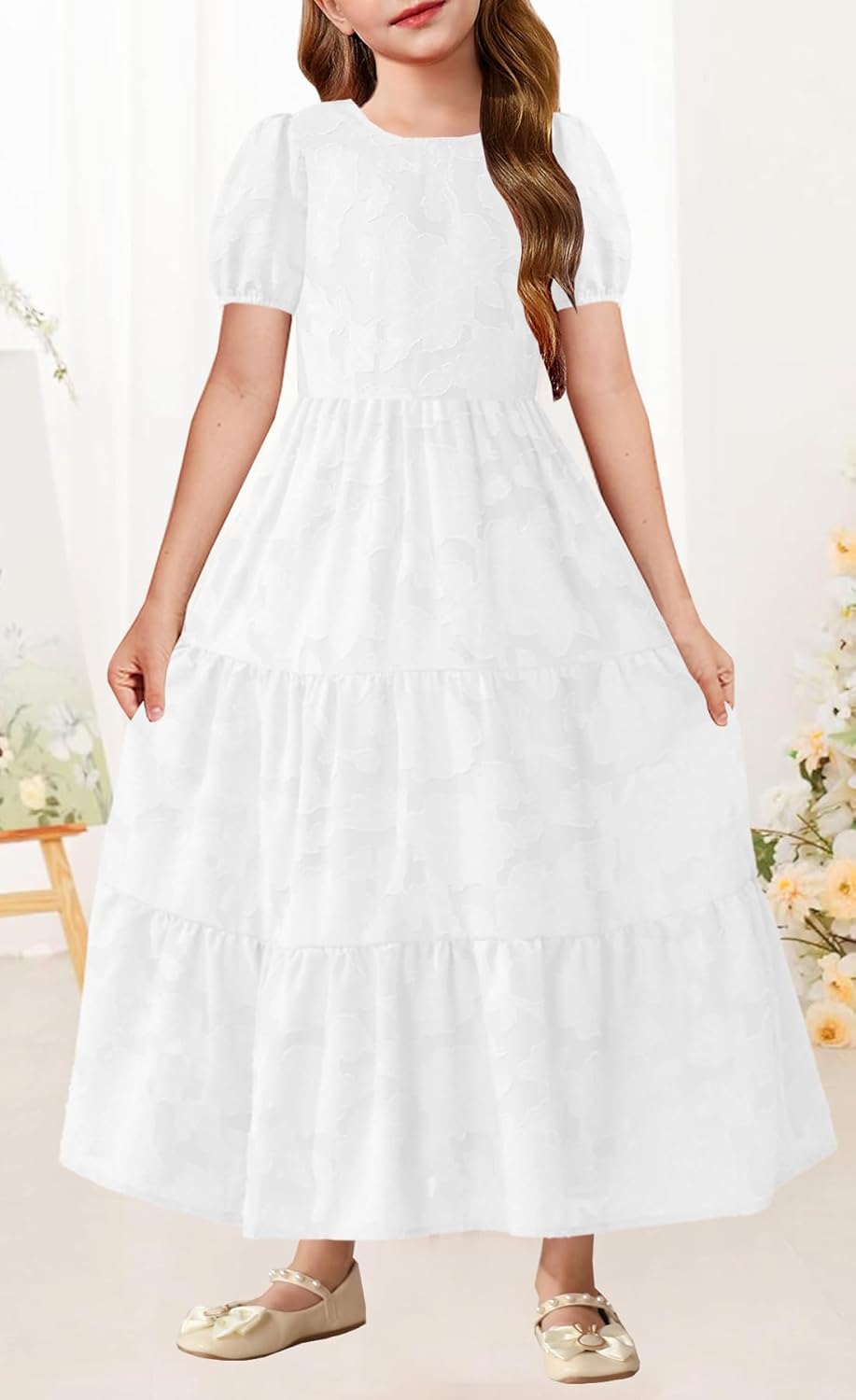 MITILLY Summer Flower Girl Dress Elegant Short Sleeve Crew Neck A-Line Flowy Maxi Dress for Kids with Pockets 6-12 Years - Image 2