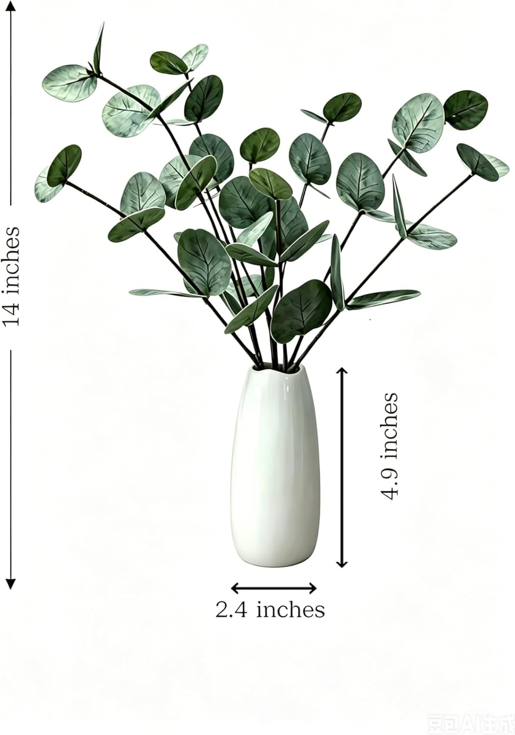Faux Eucalyptus Stems with White Ceramic Vase, 14 Inch | Faux Eucalyptus Stems with White Ceramic Vase, Bathroom Decor & Farmhouse Greenery, Coffee Table Centerpiece