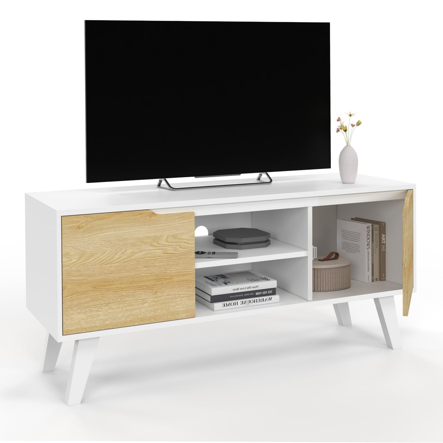 IDMarket - Meuble TV 110 cm FINN Blanc 2 Portes façon hêtre