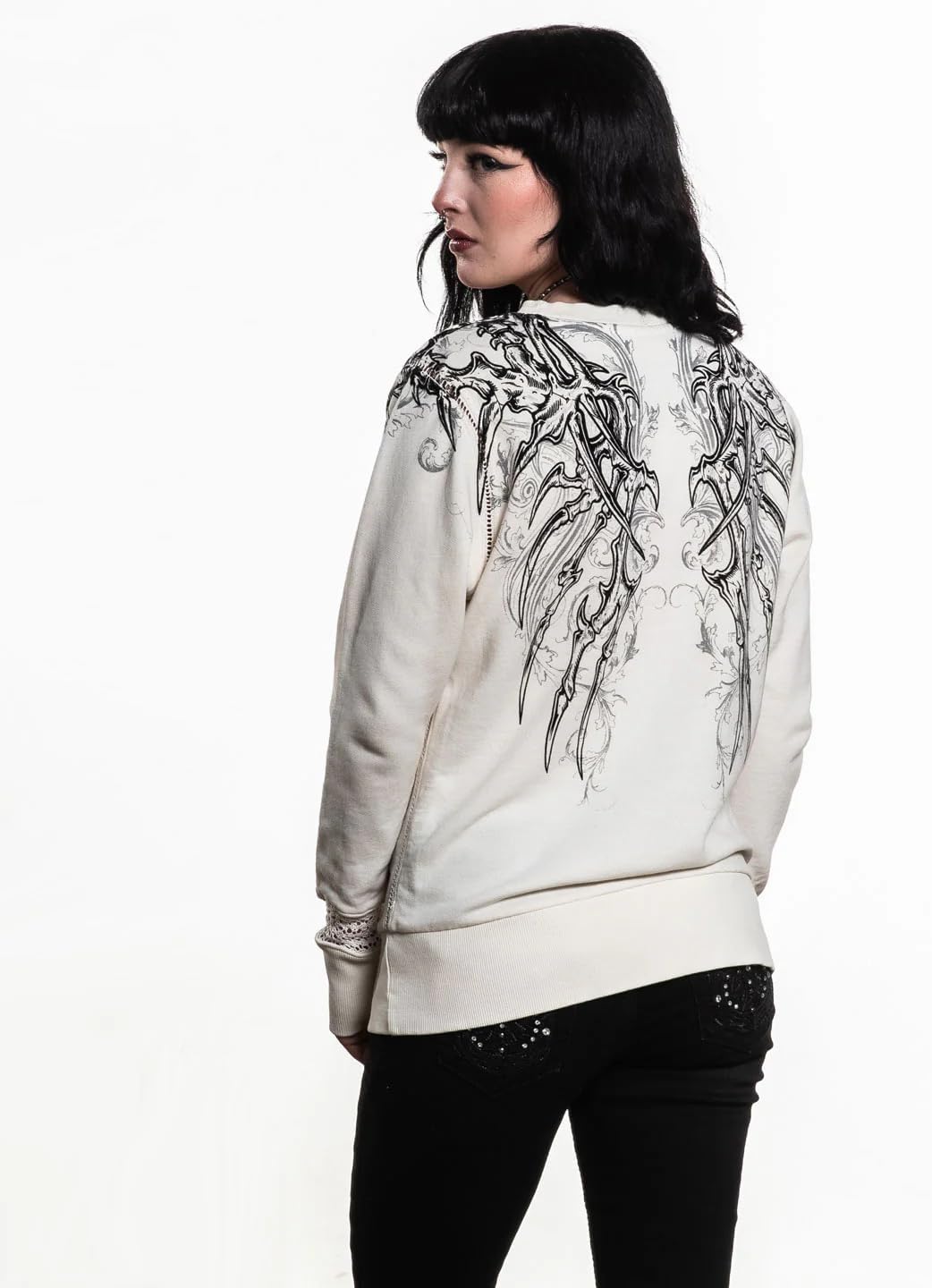 Affliction Women's Gothic 2FER T-Shirt with Mesh Sleeves, Black, Ornate Silver Print Design, Long Sleeve