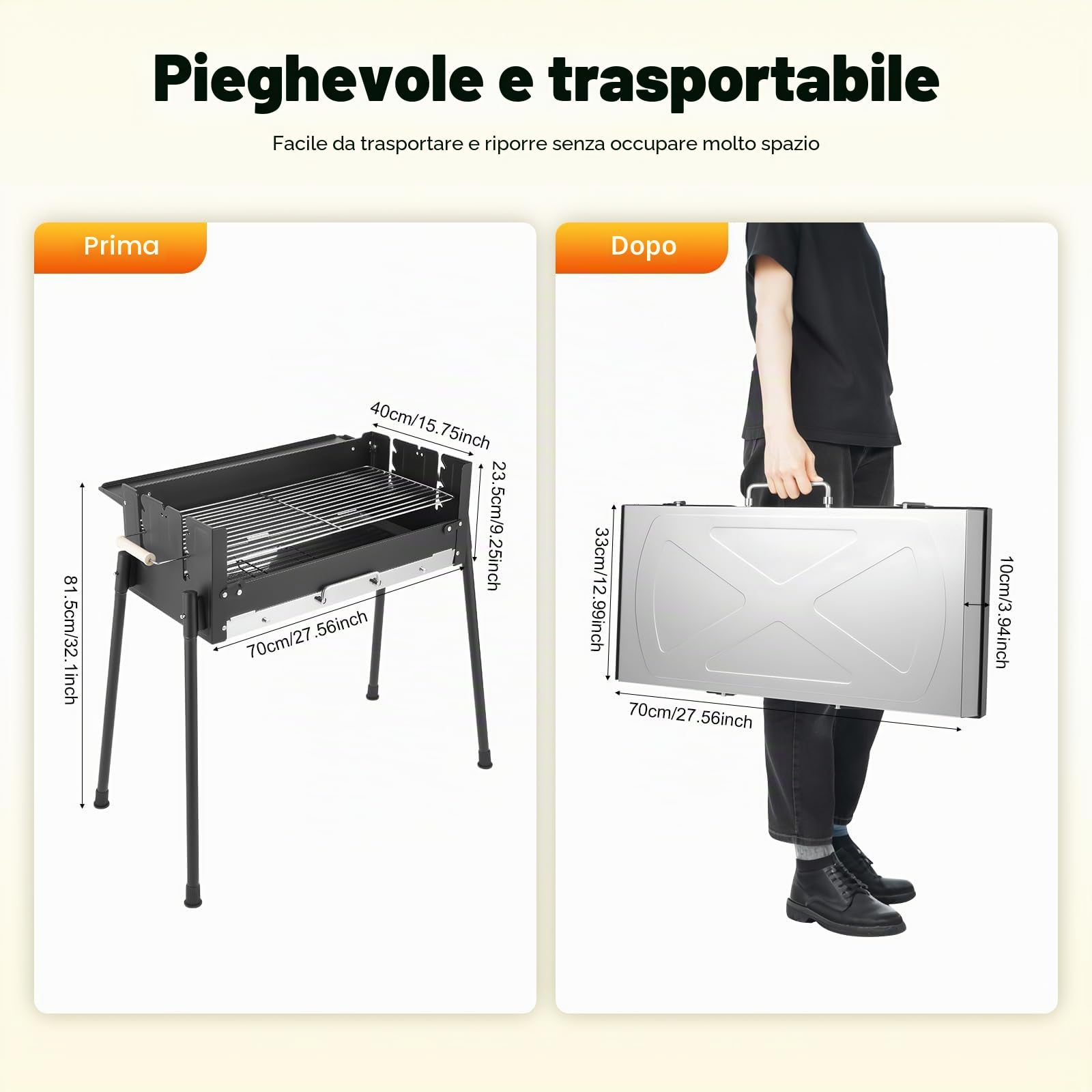 Barbecue pieghevole a carbonella, con regolazione in altezza a 3 posizioni, per giardino e esterni, a carbonella per spiedini di carne, barbecue e famiglia