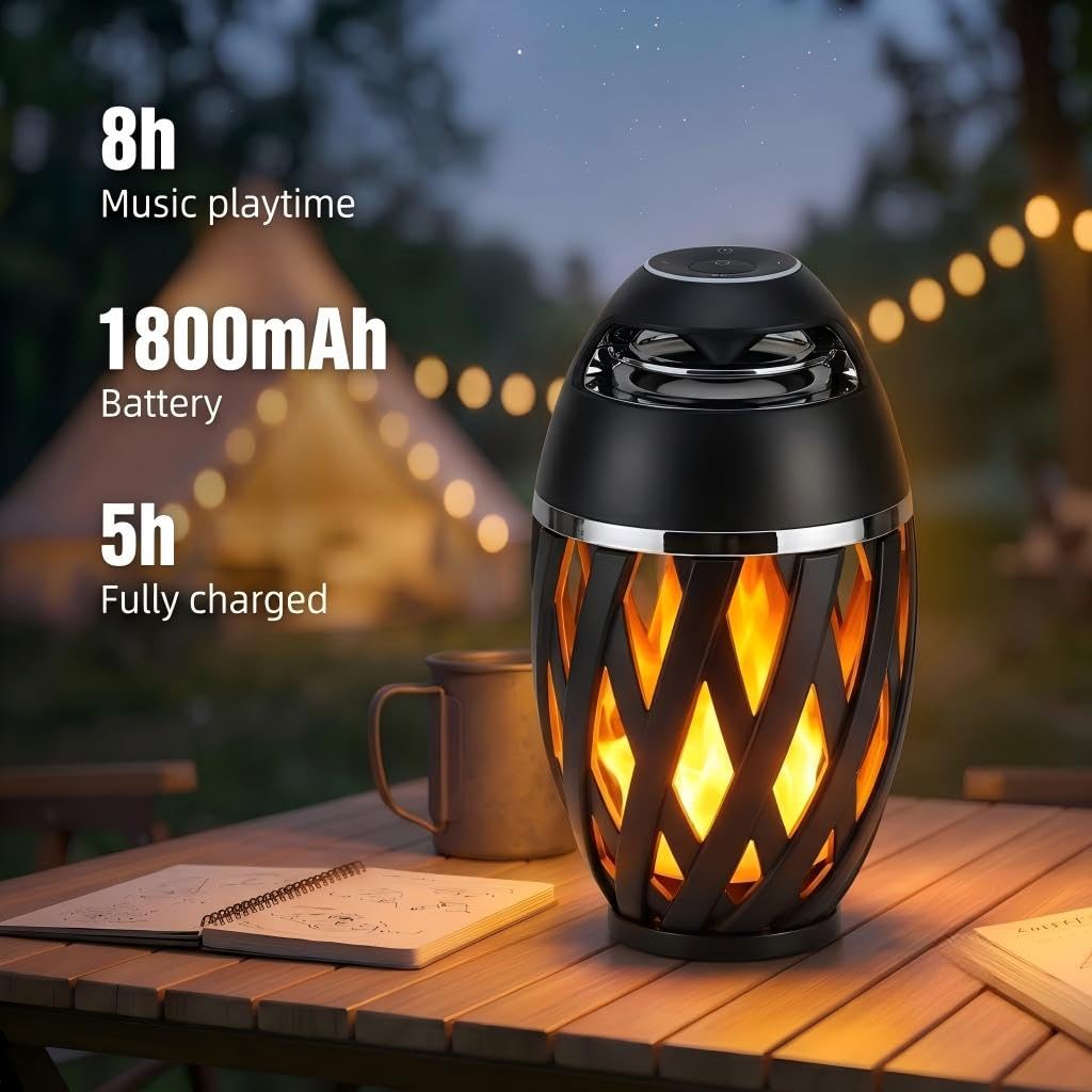 Zewnętrzny głośnik Bluetooth ze światłem płomieniowym, bezprzewodowa lampa stołowa LED, wodoszczelność IP65, dźwięk stereo na taras, do ogrodu, na kemping, prezent urodzinowy dla mężczyzn (bez drążka)