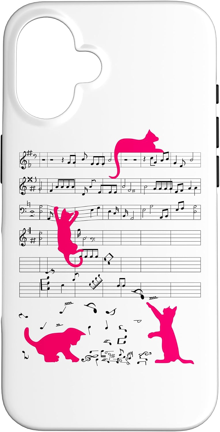 Cute Pink Cat Music Notes Kitty Paw Musician Clef Case for iPhone 16