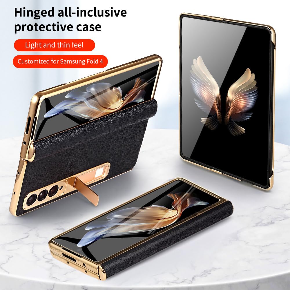 Skórzane etui na telefon do Samsung Galaxy Z Fold 5 4 3 Fold4 Fold5 Pozłacane etui z zawiasem magnetycznym Tylna obudowa ze stojakiem z folią lustrzaną, ziarno liczi w kolorze czarnym, do Galaxy Z F