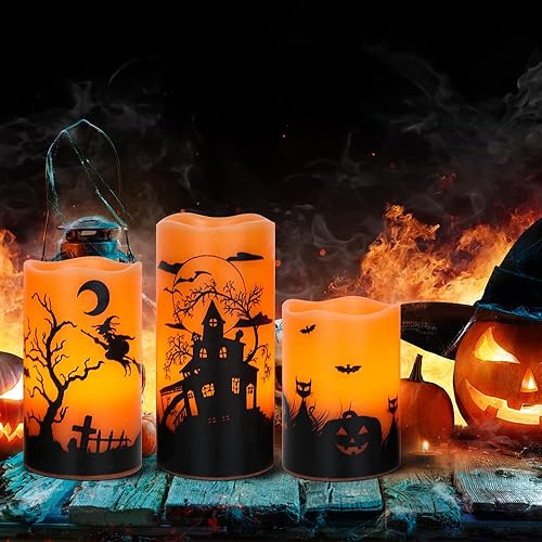 Miniatura 3 de Lasumora Velas de Halloween sin llama con temporizador de 6 horas, velas LED naranjas parpadeantes de cera real, bruja, murciélagos, castillo,