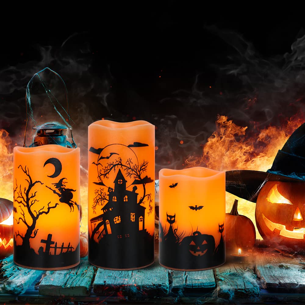 GenSwin Candele di Halloween con timer, candele tremolanti senza fiamma a batteria, confezione da 3 candele in vera cera, per decorazioni per la casa di Halloween (7,6 x 10,2 cm x 15,2 cm)