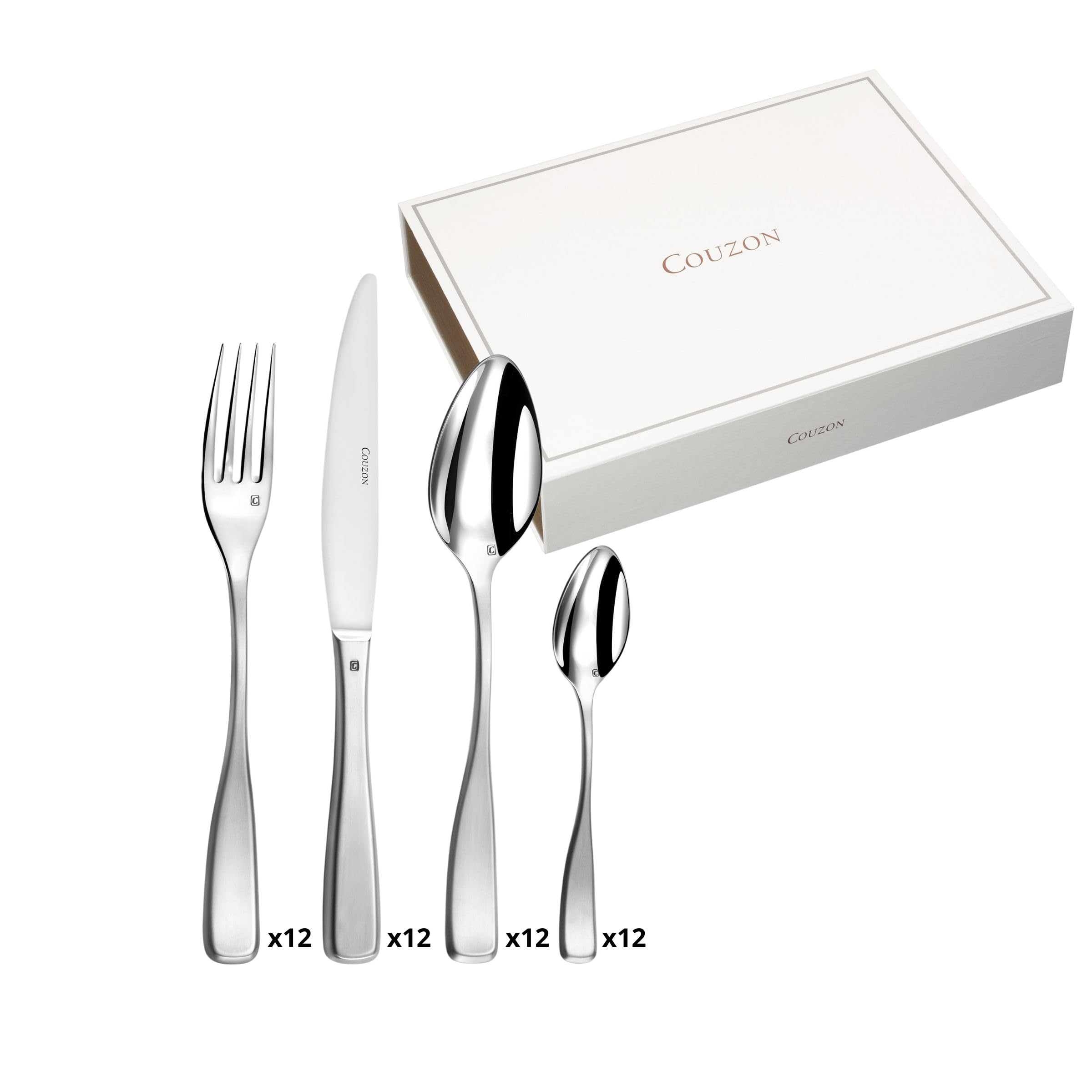 Couzon - Cubertería de 48 cubiertos de mesa para 12 personas en tronco de madera, acero inoxidable 18/10, acabado satinado, grosor 3,5 mm – acero inoxidable