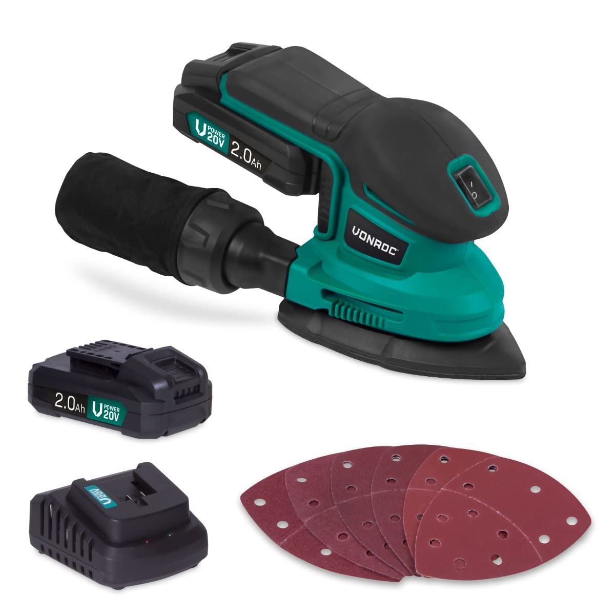 VONROC Ponceuse delta multifonction sans fil 20V – 6 feuilles abrasives - 150x150x100mm - 2 batteries 2.0Ah et chargeur inclus