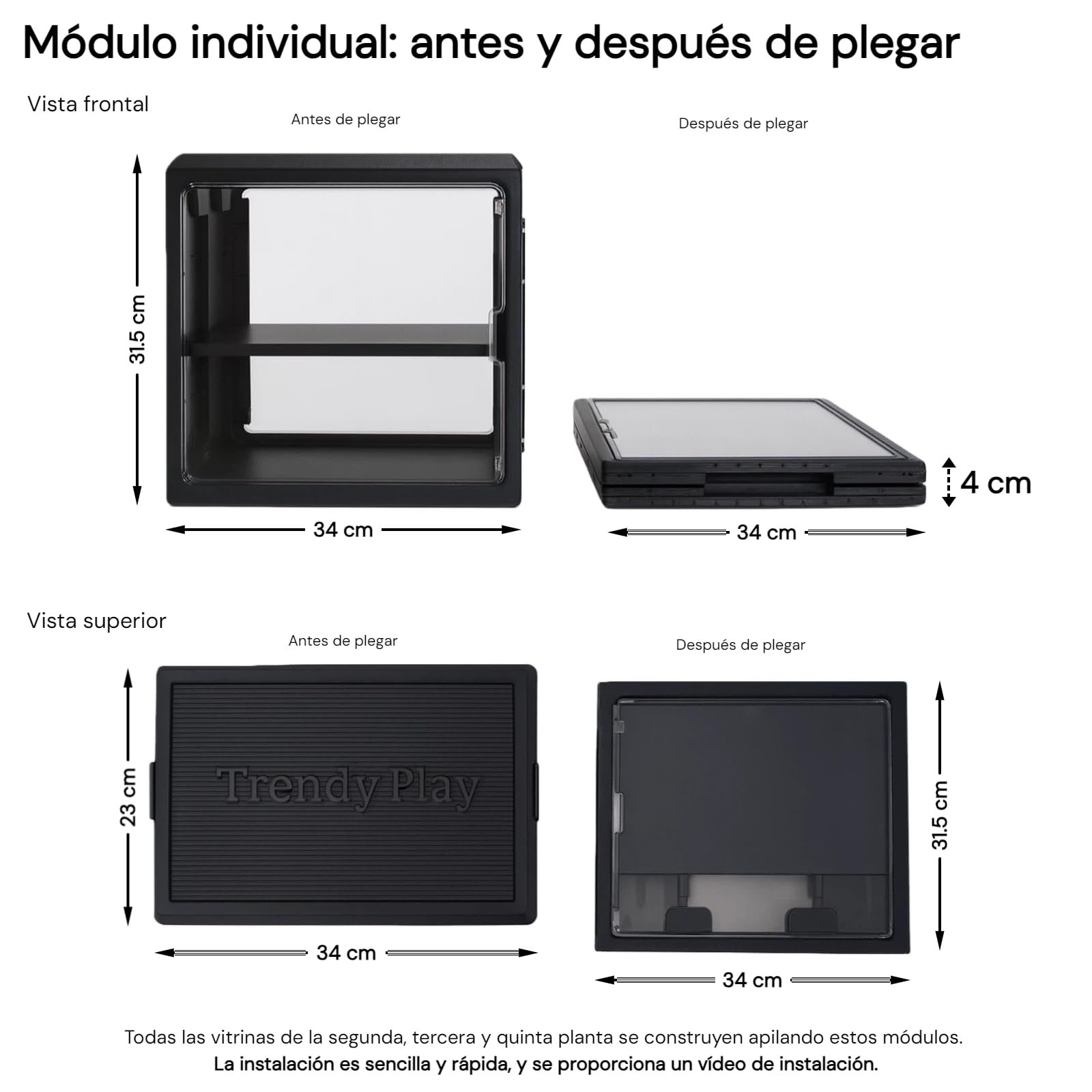 Vitrinas Transparentes, Plegables y apilables con Puertas de Doble Sentido para salón, coleccionables, Figuras, Cajas de Zapatos, Ropa, Bolsos y Documentos (Negro, 2 Niveles - Baldas Grandes)