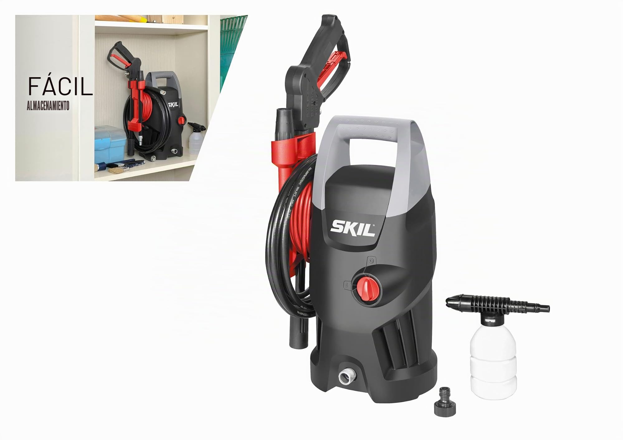 Skil 0761AA - Hidrolimpiadora de Alta presión (1400 W, 105 Bar, 370 l/h, Rango de operación de 11 m, Pistola de gatillo, Botella de detergente, Lanza)